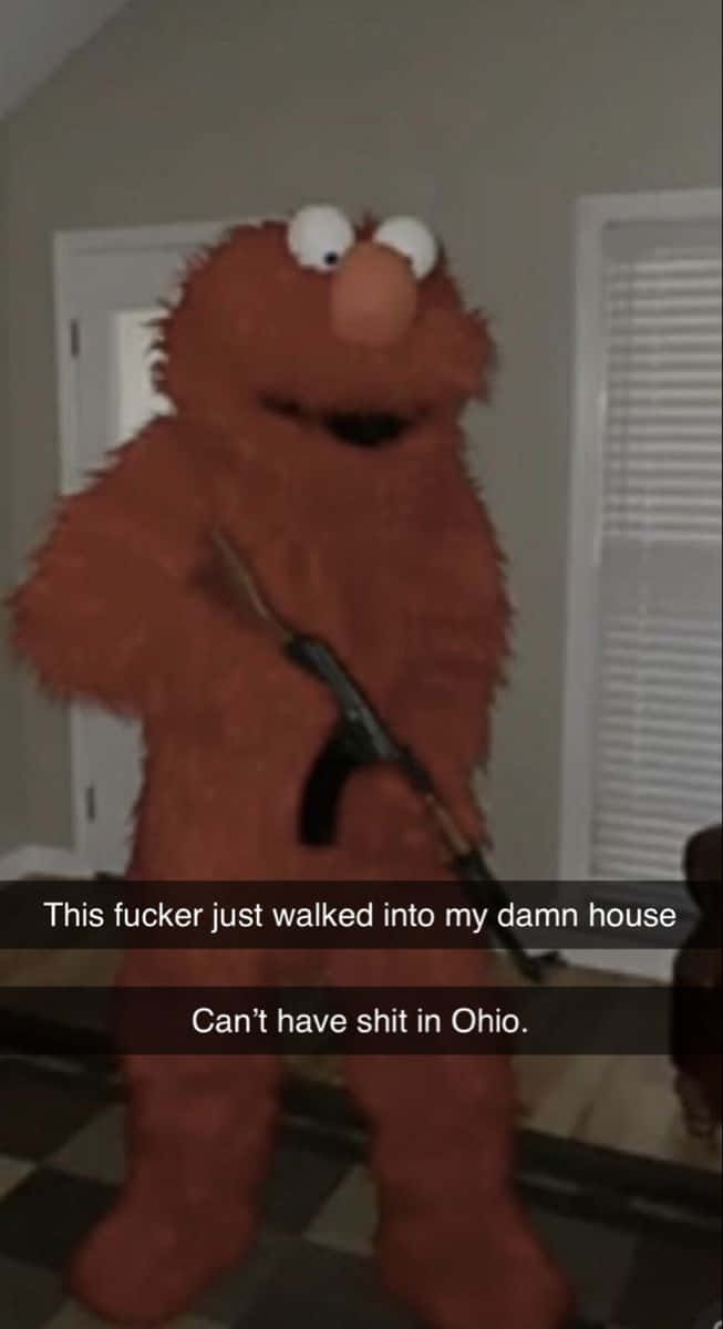 Elmo 服裝拿著步槍，疊加有關俄亥俄州的文字。 — 槍枝 GIF 壁紙