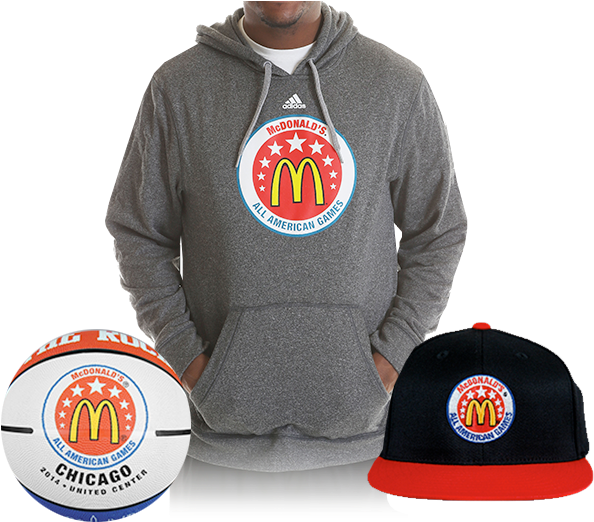 麥當勞 桌布 壁紙 — 一個人穿著灰色連帽衫和黑色帽子，兩者都帶有McDonald's All American Games標誌，以及一個品牌籃球。