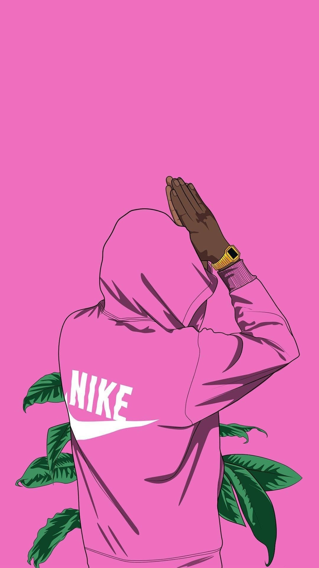 Nike 桌布 壁紙 — 一個人穿著粉紅色Nike連帽上衣，雙手扣在腦後，站在純粉紅色背景前，底部有綠色葉子。