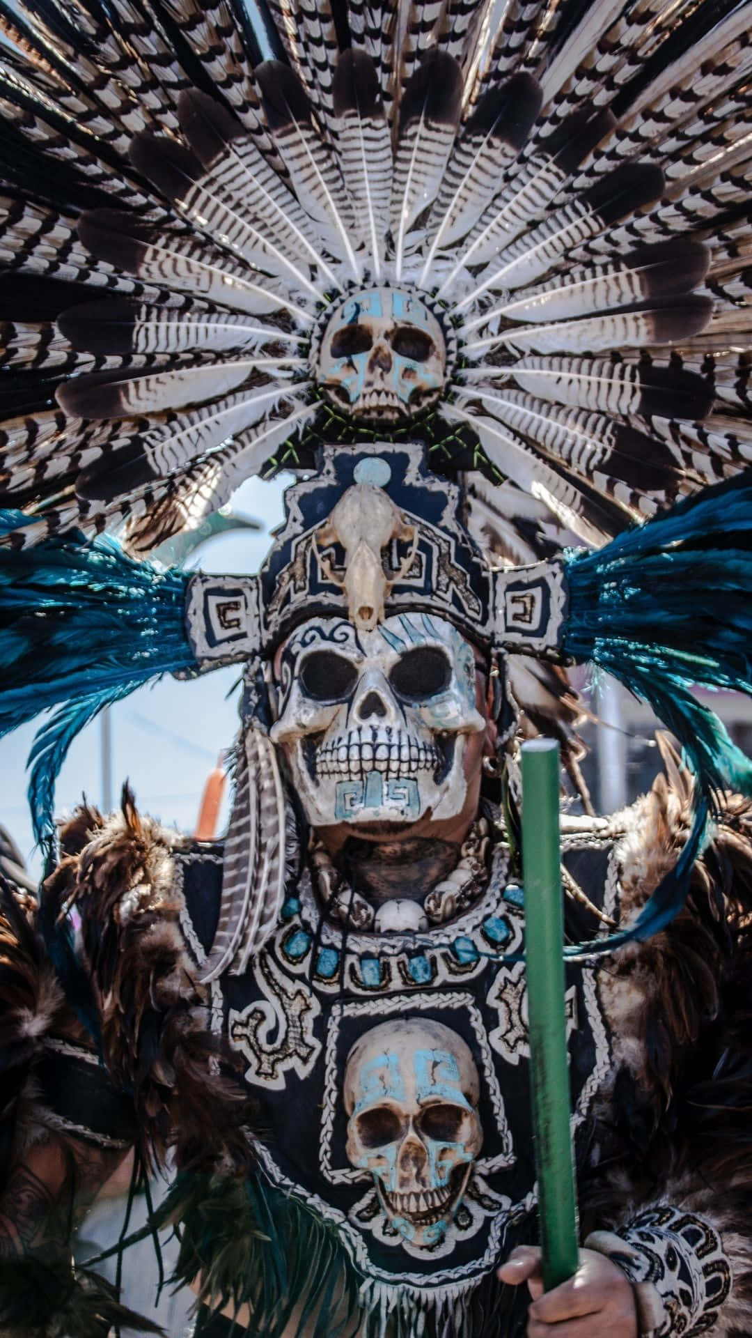 Skeleton Costumes 桌布 壁紙 — 一個人穿著精緻的亡靈節服裝，戴著大型羽毛頭飾和骷髏圖案，站在明亮的日光下。
