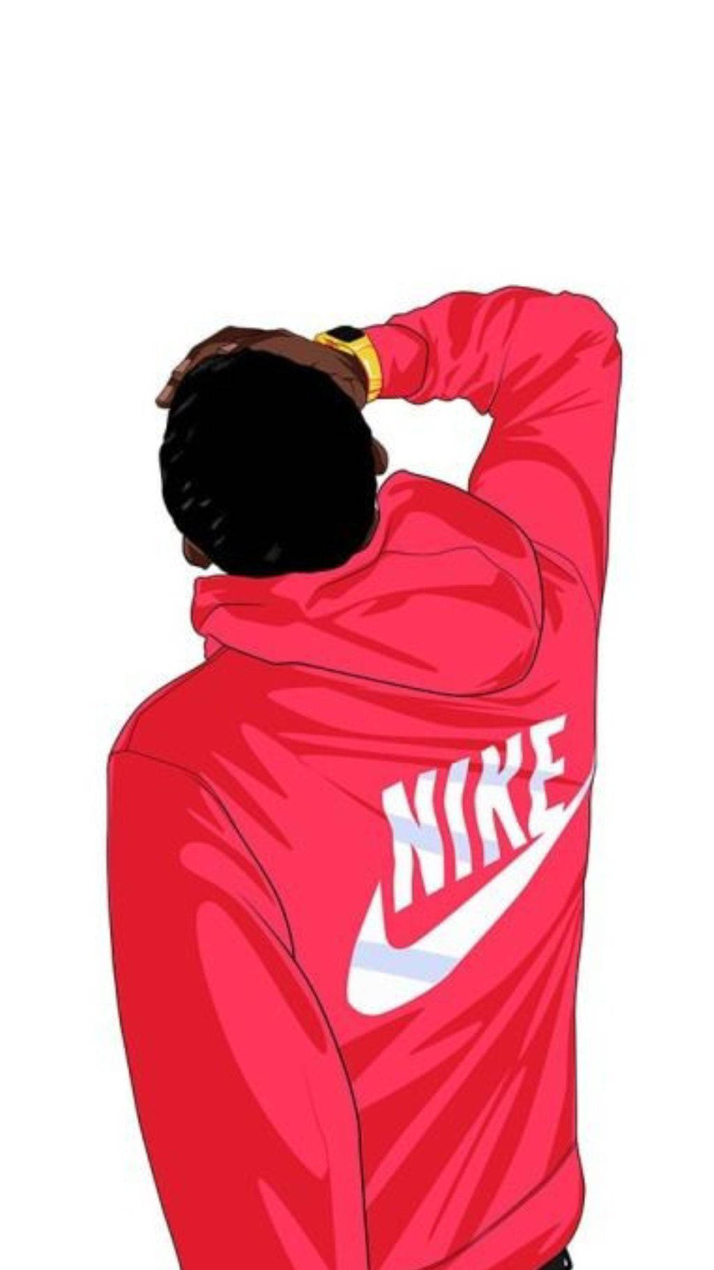 Boy 桌布 壁紙 — 一個人穿著紅色Nike連帽衫，背向觀眾，手放在頭上，背景為純白色。