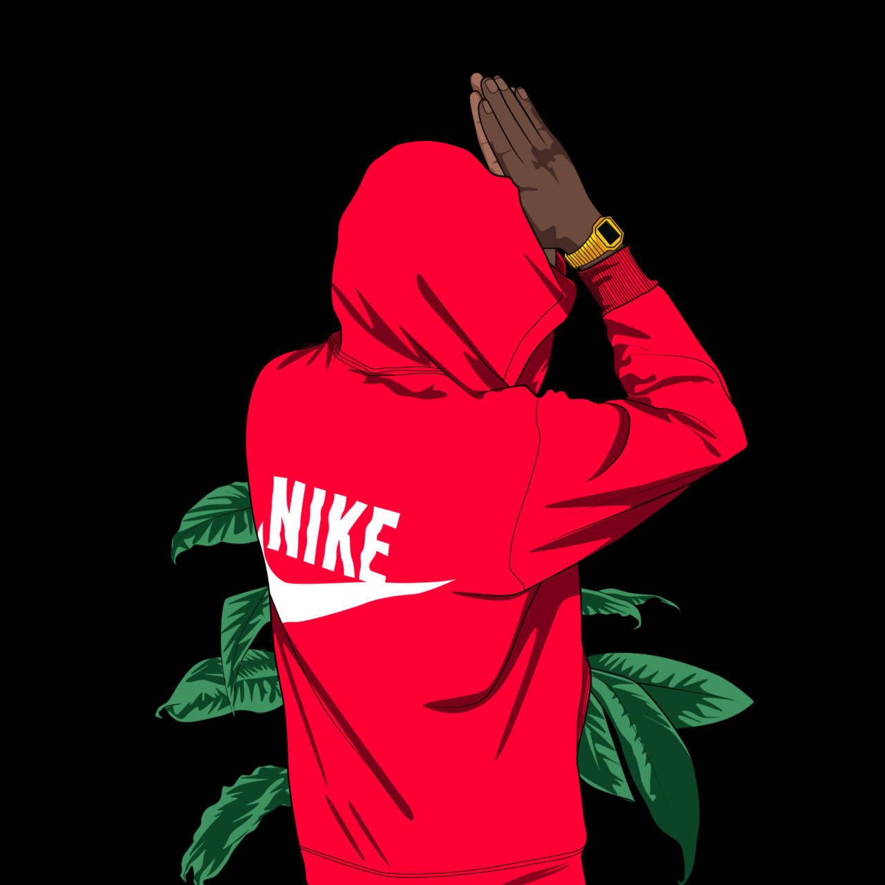 Nike 桌布 壁紙 — 一個人穿著紅色Nike連帽衫，雙手交疊在腦後，站在黑色背景前，周圍有綠色葉子。