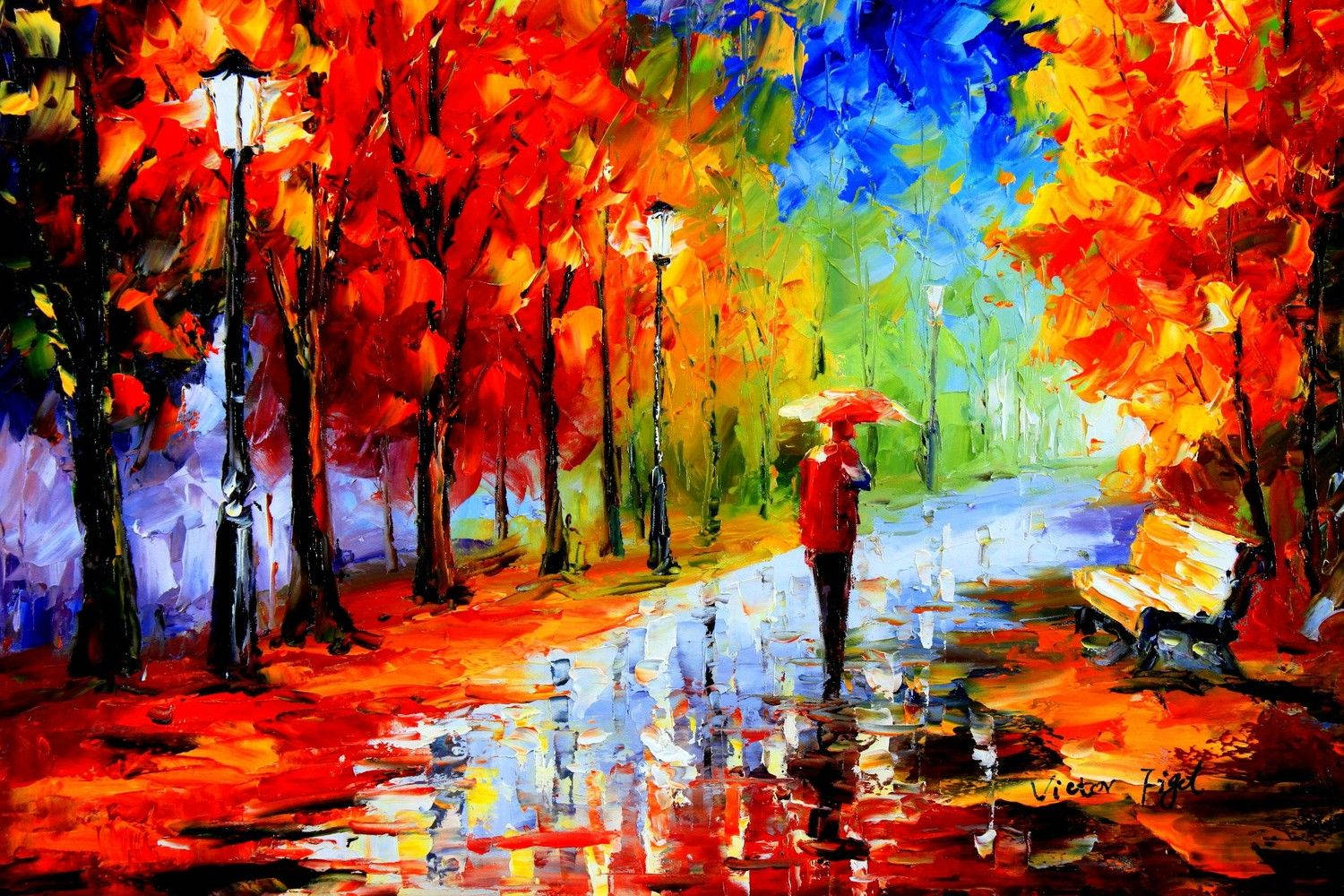 藝術 桌布 壁紙 — 一個人穿著紅色外套，撐著雨傘，走在被雨水打濕的小徑上，兩旁是火紅的秋樹，頭頂是湛藍的天空。