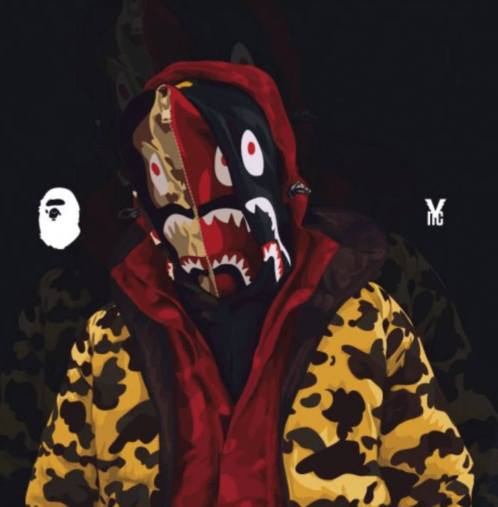 超屌 Supreme 桌布 壁紙 — 一個人穿著紅色連帽外套，戴著兇猛的鯊魚面具和黃色迷彩圖案，站在深色背景前。