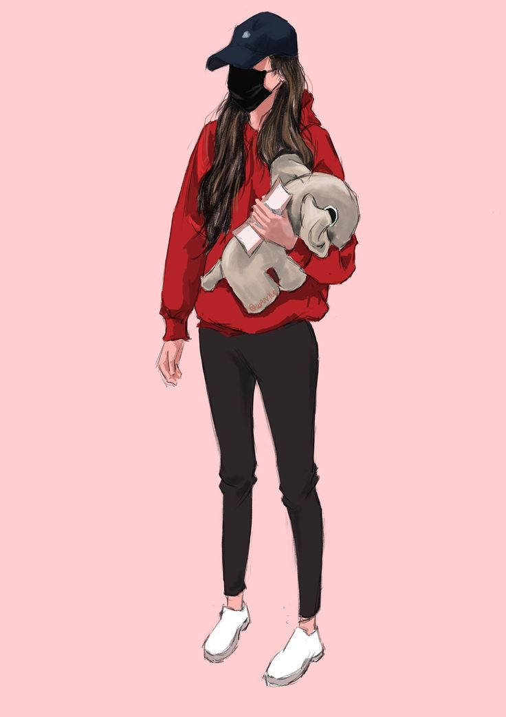 Cool Girl Cartoon 桌布 壁紙 — 一個人穿著紅色連帽衫和黑色帽子，在柔和的粉紅色背景前抱著一個米色毛絨玩具。