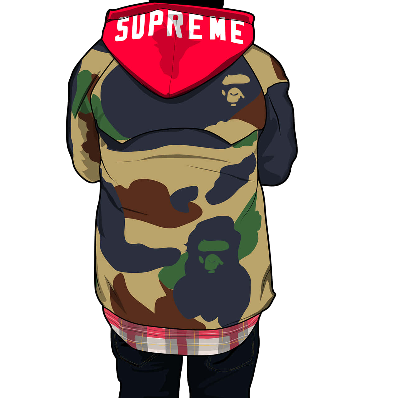 Supreme Logo 桌布 壁紙 — 一個人穿著迷彩連帽衫的背影，帶有紅色Supreme帽子和BAPE猿頭標誌。