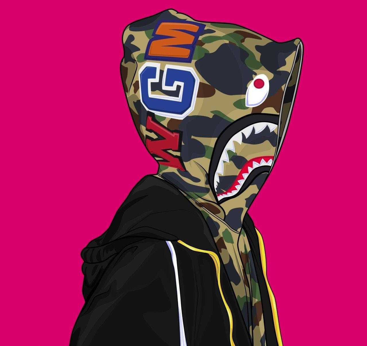 Bape Cartoon 桌布 壁紙 — 一個人穿著迷彩鯊魚連帽衫，上面有醒目的標誌，站在充滿活力的粉紅色背景前。