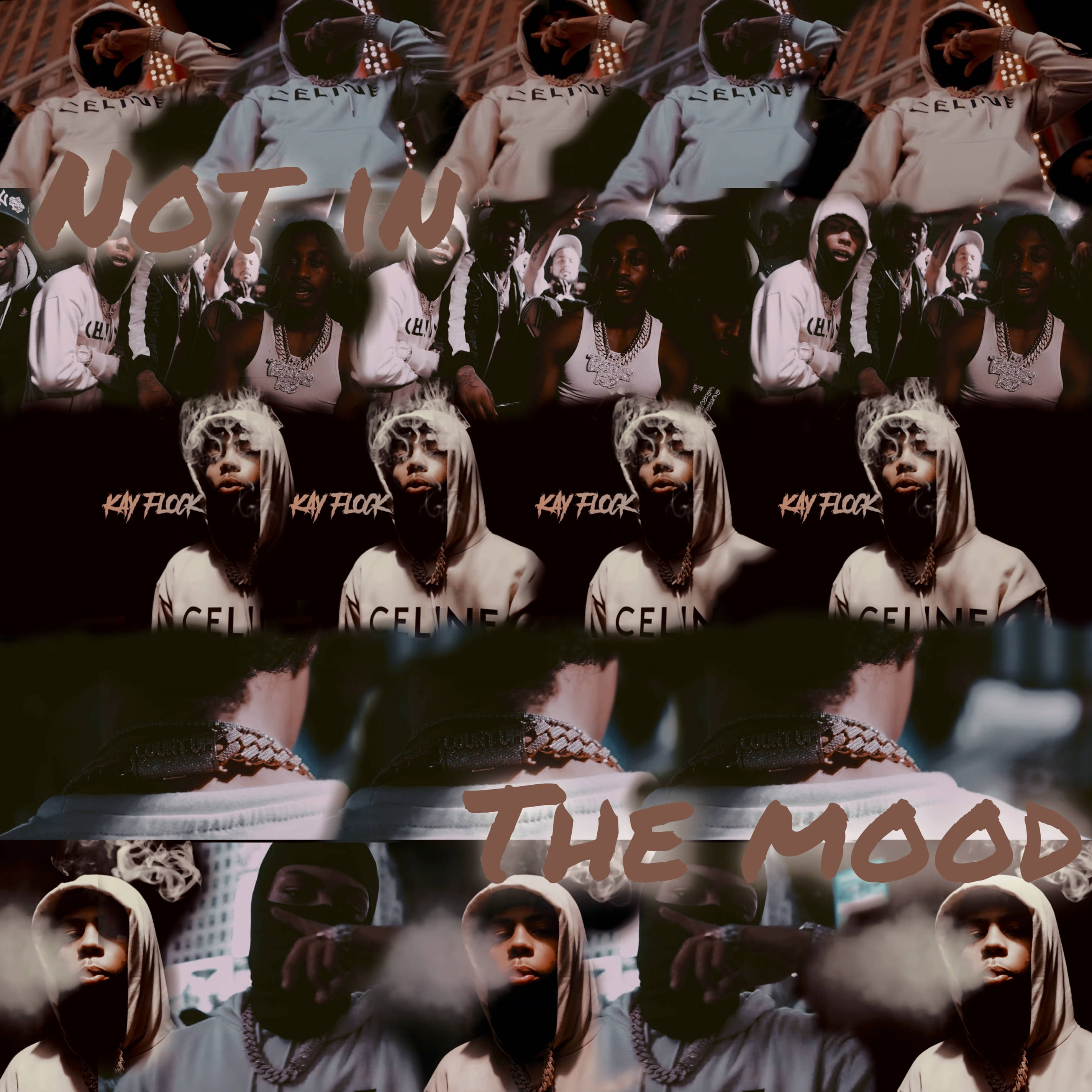 Kay Flock 桌布 壁紙 — 一個人穿著連帽衫和背心的拼貼畫，上面寫著「not in the mood」。