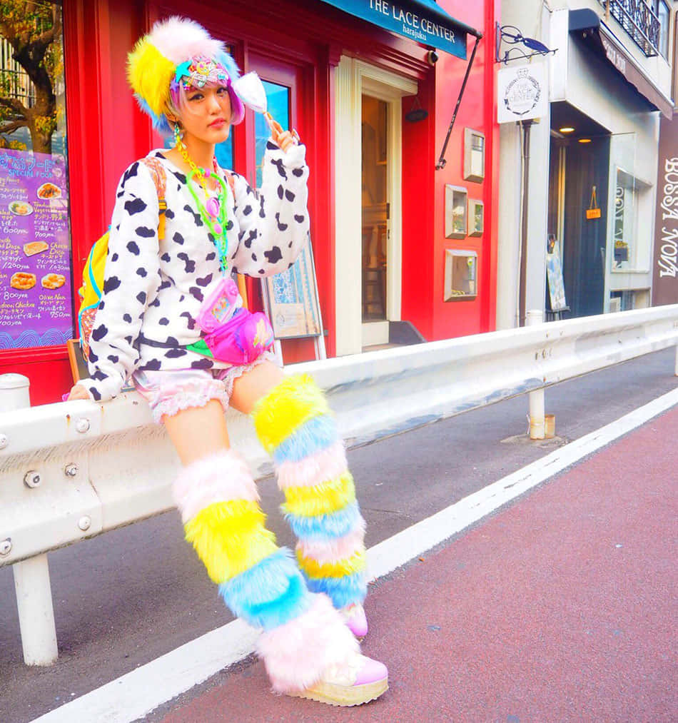 Harajuku Fashion 桌布 壁紙 — 一個人穿著鮮豔的彩虹色大腿靴和乳牛印花服裝，自信地坐在路邊的護欄上，背景是紅色的店面。
