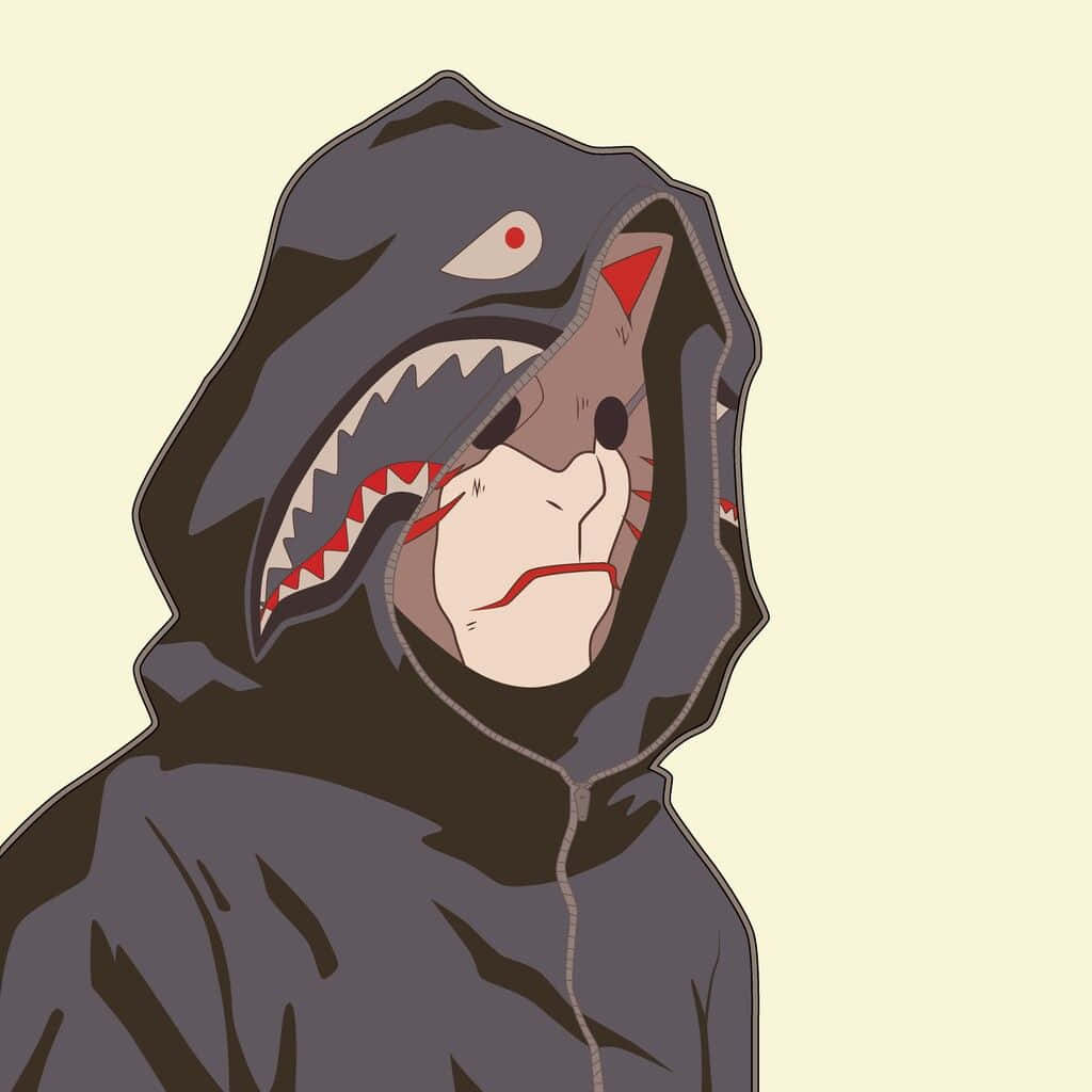 Dope Naruto 桌布 壁紙 — 一個人穿著鯊魚主題連帽衫，帶有兇猛的鯊魚頭設計和紅色縫線細節，背景為淡黃色。
