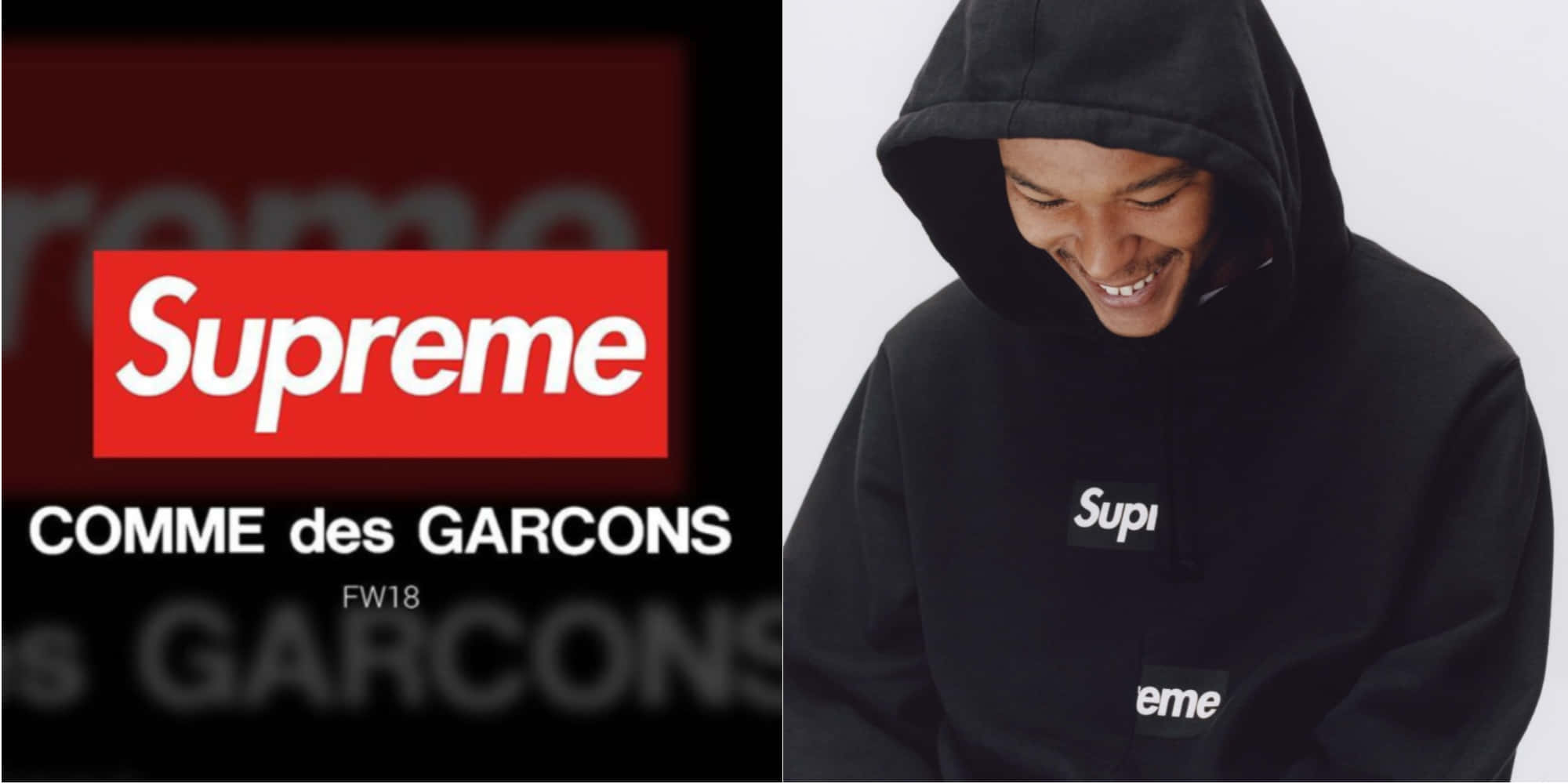 supreme 桌布 壁紙 — 一個人穿著黑色Supreme連帽衫，在極簡背景前微笑，身穿帶有標誌細節的品牌運動衫。