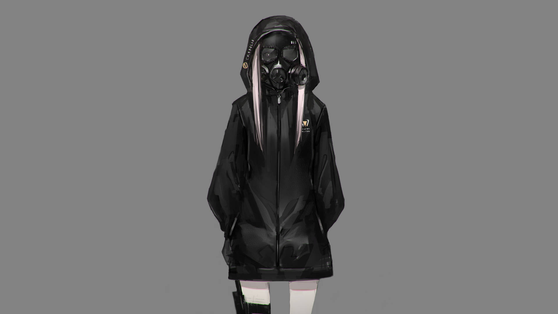 Hoodie 桌布 壁紙 — 一個人穿著黑色連帽外套和防毒面具，粉紅色髮絲在純灰色背景上清晰可見。