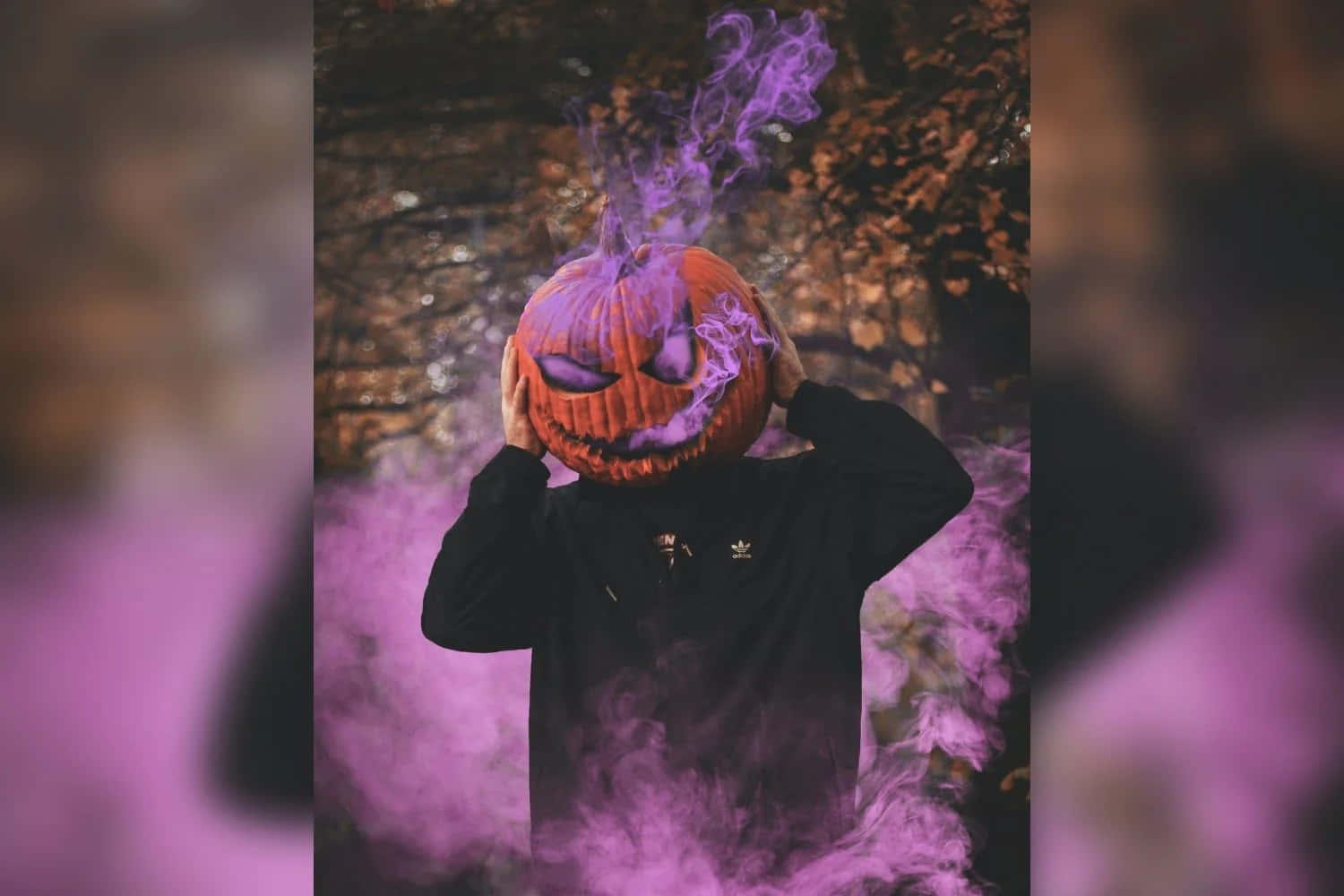Halloween Pumpkin 桌布 壁紙 — 一個人穿著黑色連帽衫，手持一個雕刻的南瓜頭，紫色的煙霧從中冒出，背景是黑暗的秋日景色。