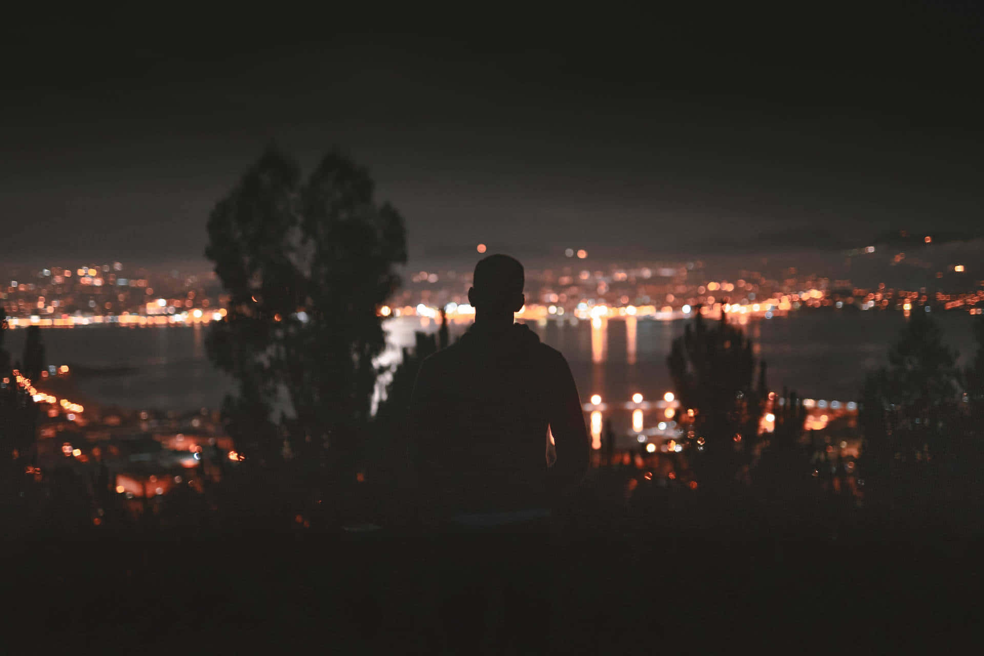 Dark Emotional 桌布 壁紙 — 一個人站在山頂上俯瞰夜間發光的城市景觀，模糊的燈光在水面上反射的剪影。