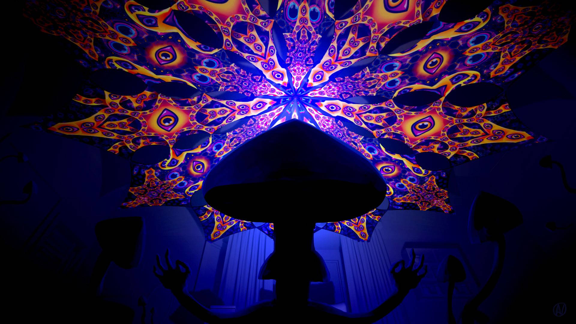 Psychedelic Mushroom 桌布 壁紙 — 一個人站在絢麗的迷幻天花板投影下，呈現出橙色和紫色發光的分形圖案剪影。