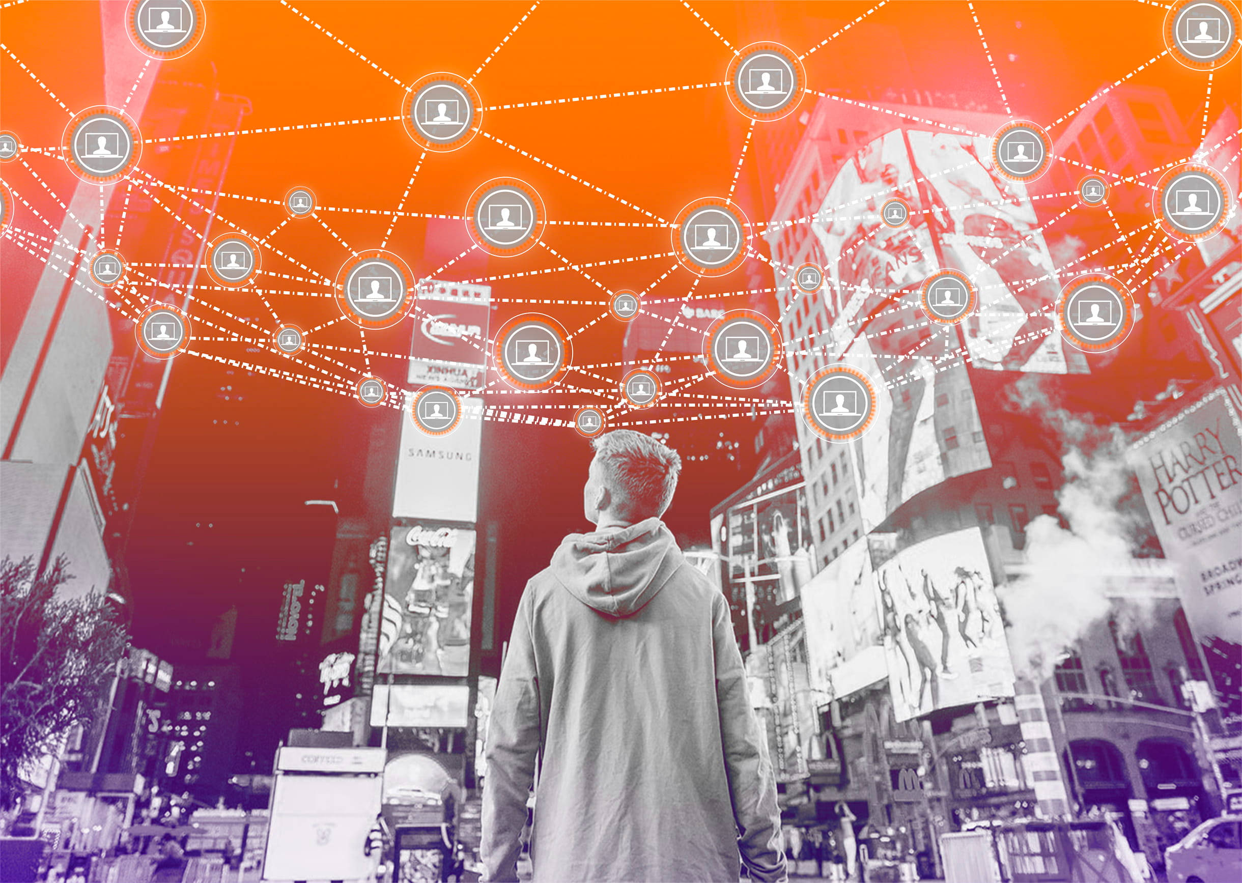 Blockchain 桌布 壁紙 — 一個人站在繁華的城市景觀中，發光的數位連接圖示漂浮在他們上方，背景是充滿活力的橙色和紫色漸變天空。