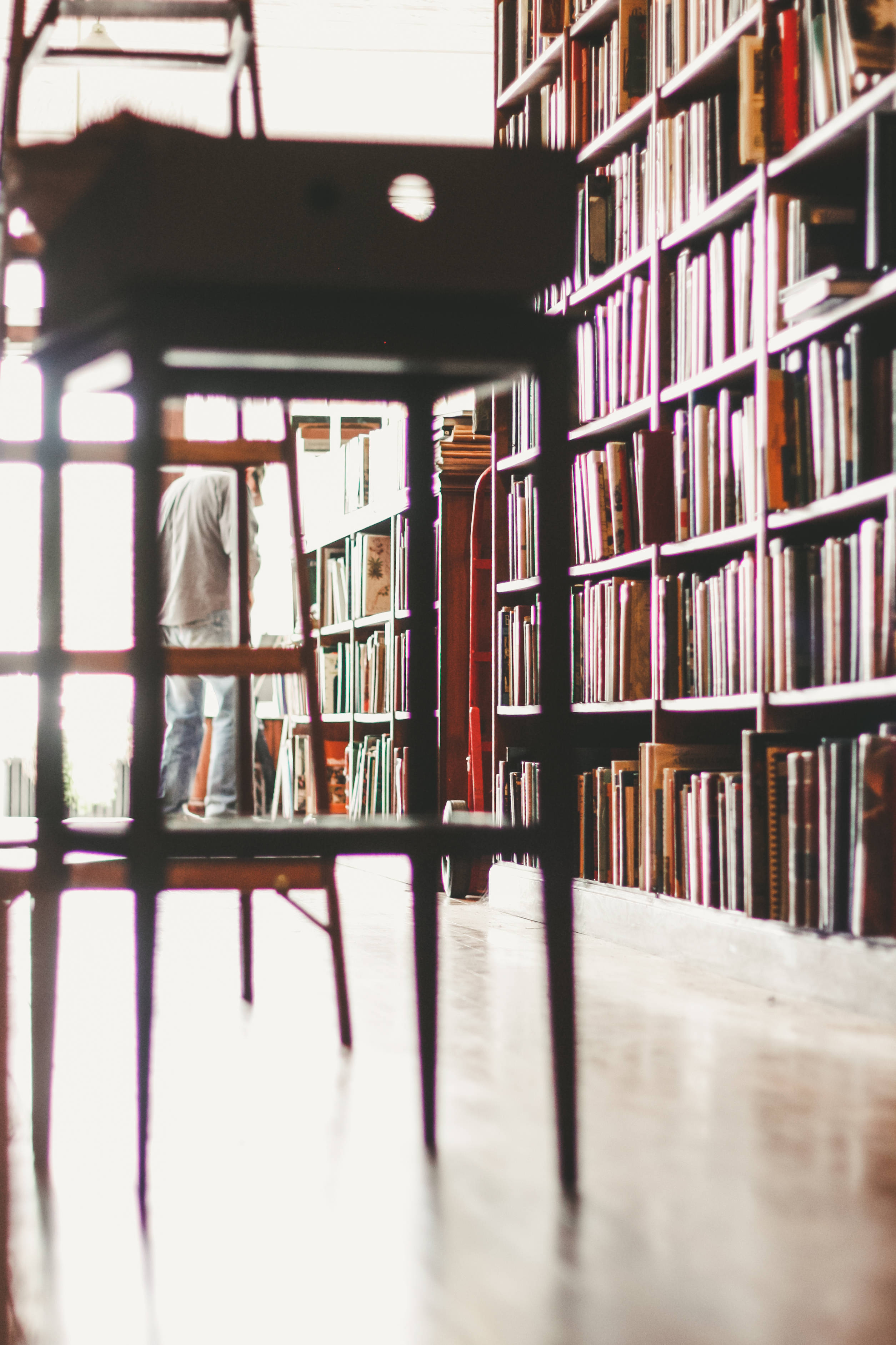 Shelves 桌布 壁紙 — 一個人站在陽光普照的圖書館通道中，前景有一張木椅，高聳的書架一直延伸到遠方。