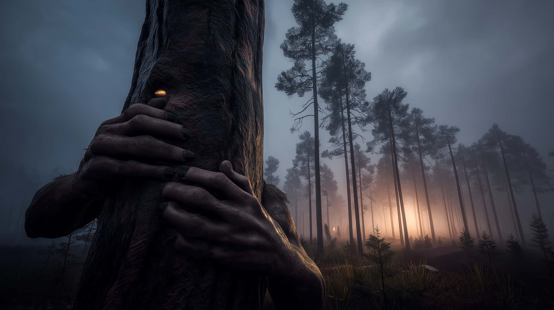 Enigmatic Figure with Glowing Gaze Clasping a Forest Tree 壁紙 — 一個人緊抓著樹幹，身處霧氣瀰漫的松樹林中，黎明穿過高樹後的霧靄。