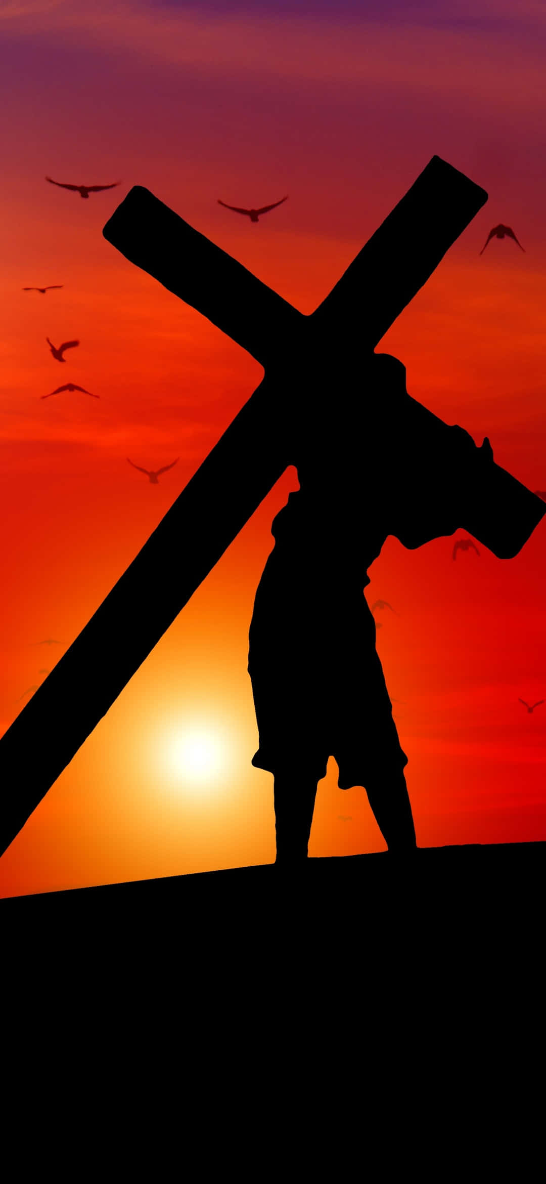 Jesus iPhone 桌布 壁紙 — 一個人背負著大十字架的剪影，背景是火紅的日落天空，鳥兒在頭頂飛翔。