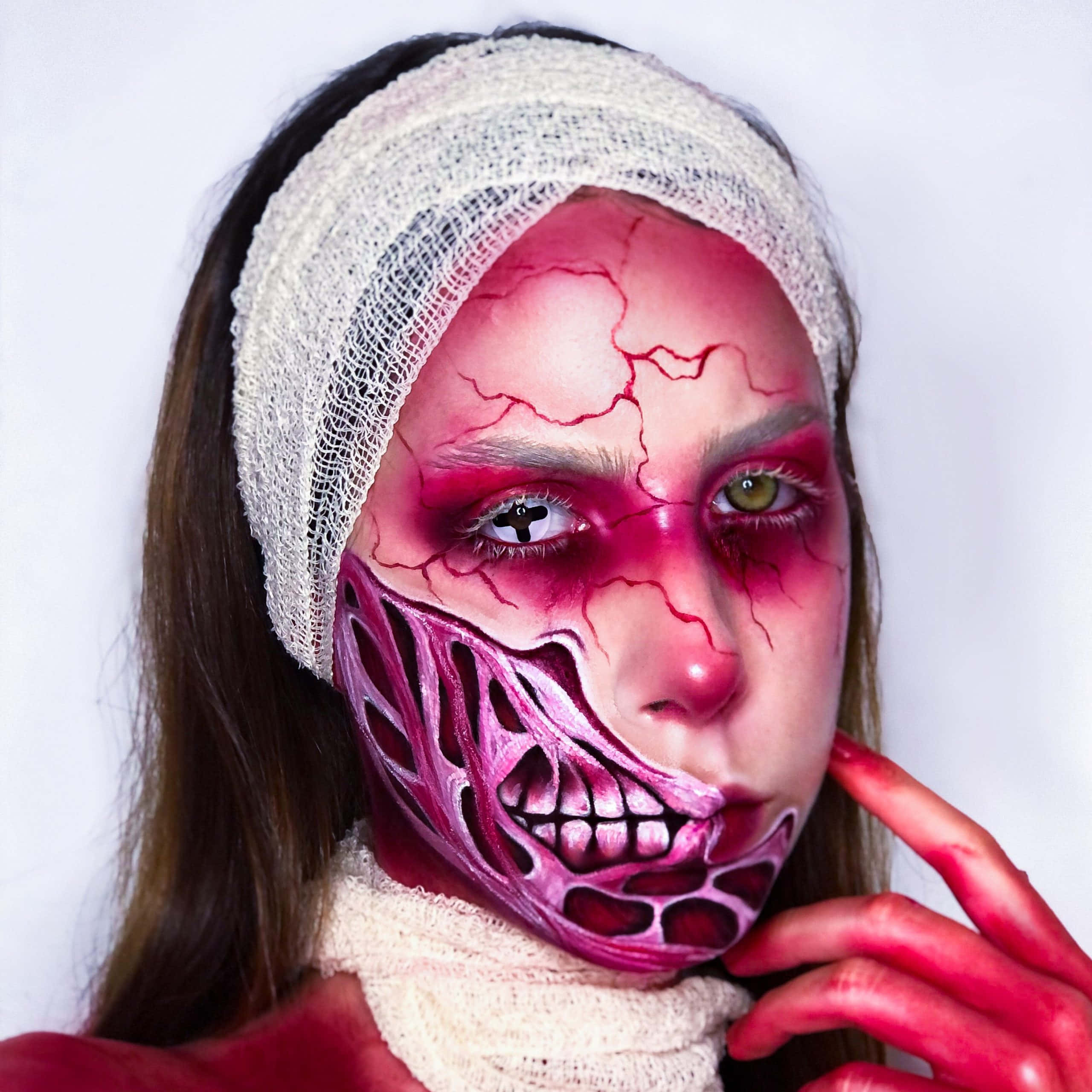 Halloween Face Paint 桌布 壁紙 — 一個人臉上帶有戲劇性的紅色裂紋化妝和骷髏狀下半臉設計，戴著白色頭巾，背景為純色。