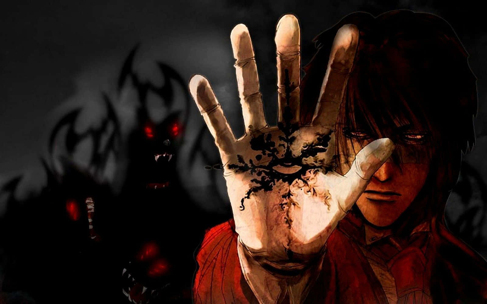 Horror Anime 桌布 壁紙 — 一個人舉起沾滿血的手，背後陰影中一個惡魔般的身影帶著發光的紅眼睛若隱若現。