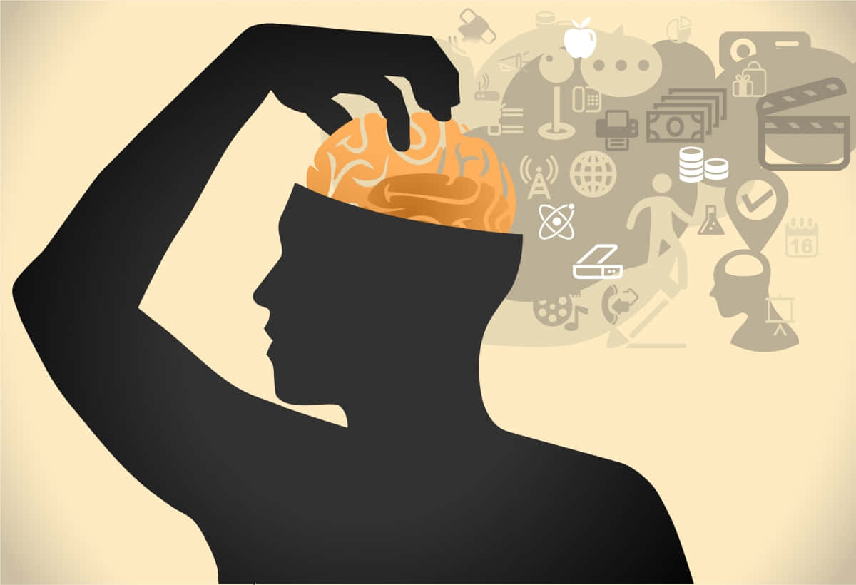 Memory 桌布 壁紙 — 一個人舉起自己大腦的剪影，揭示了周圍旋轉的科技和創意圖標。
