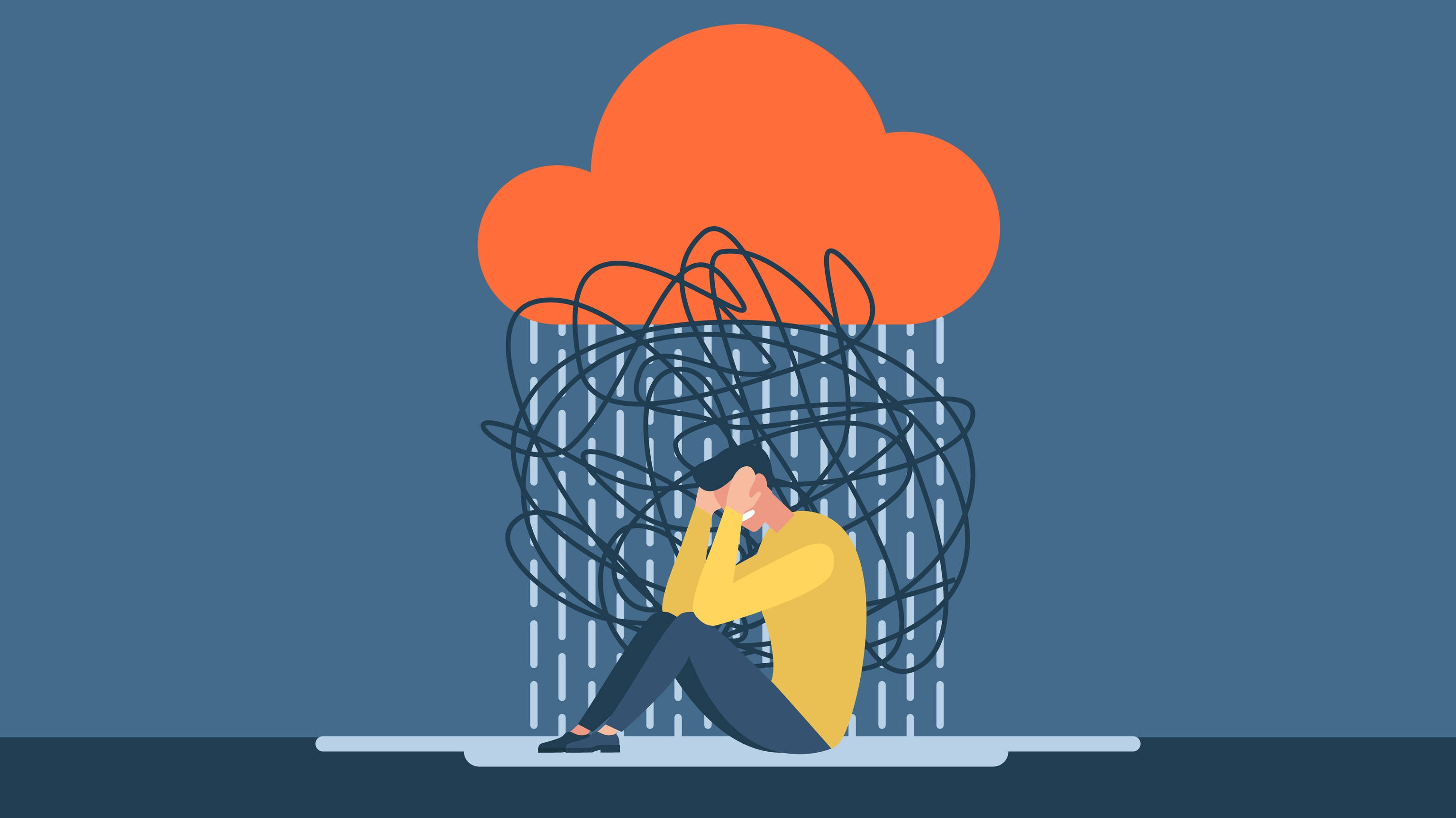 Anxiety 桌布 壁紙 — 一個人蜷縮坐在一個巨大的橙色雲朵下，周圍有混亂的黑色線條和雨滴落下。
