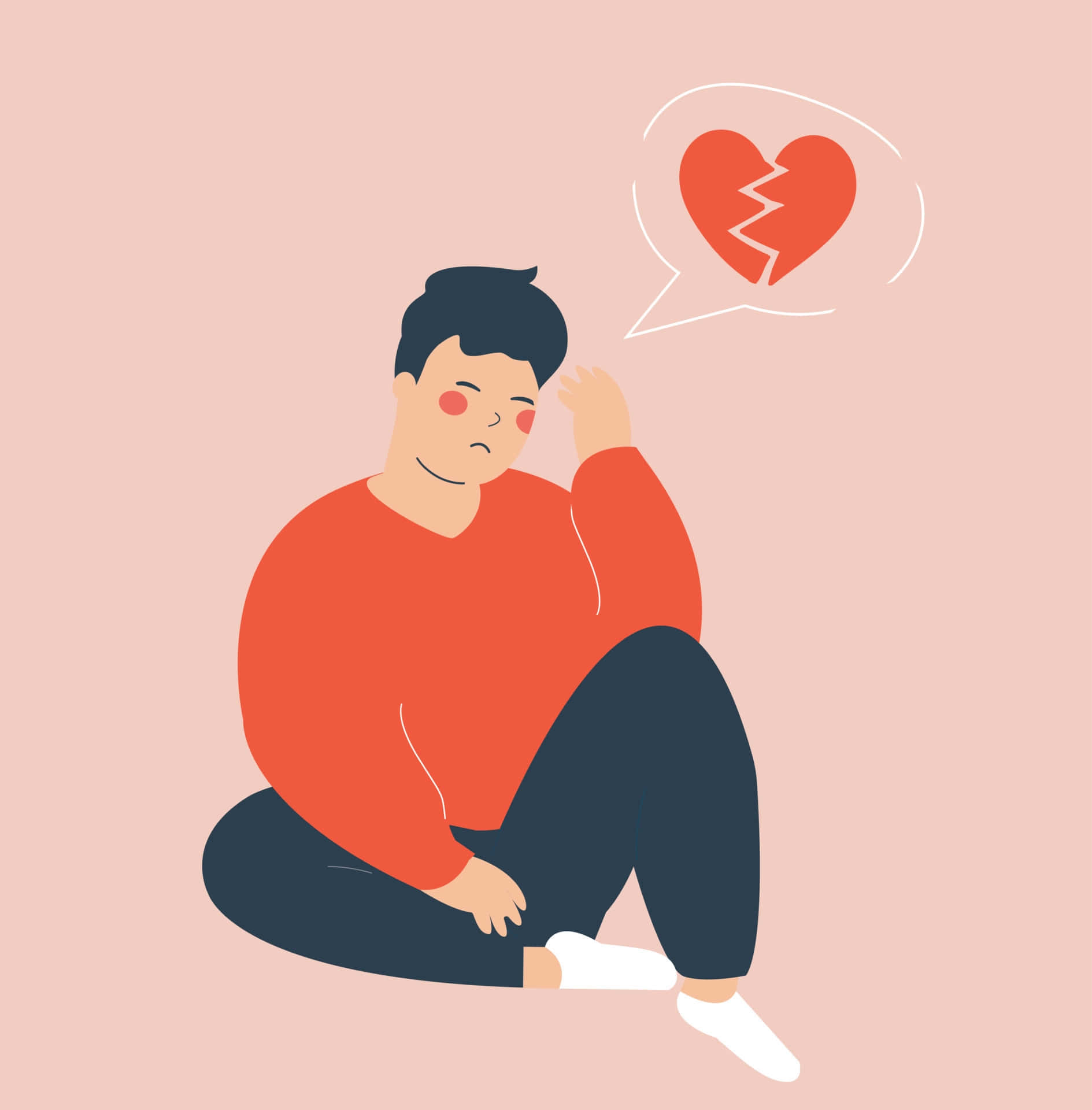 Heart 桌布 壁紙 — 一個人蜷縮著坐著，頭頂上方有一個破碎的心形思想泡泡，採用極簡風格插圖。