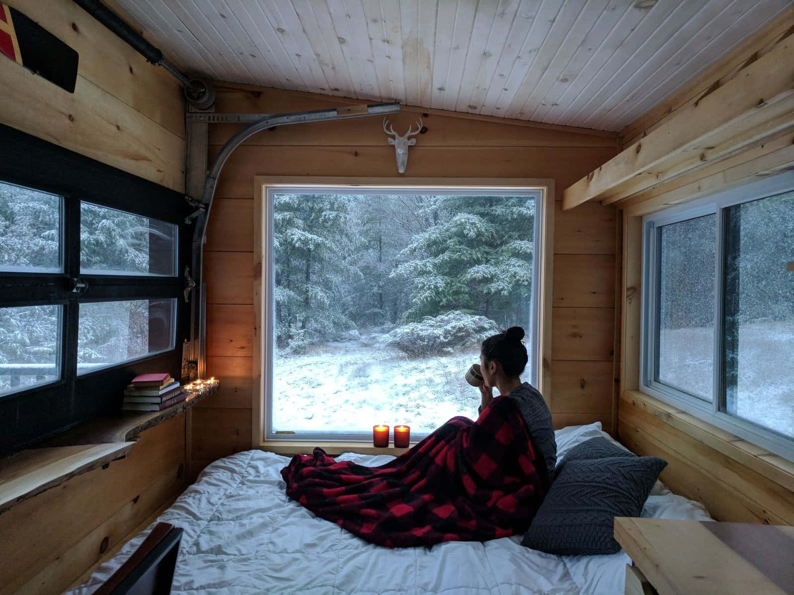Cozy Winter Cabin 桌布 壁紙 — 一個人裹著紅色格子毯子坐在木屋的床上，一邊喝茶，一邊看著窗外白雪覆蓋的森林。