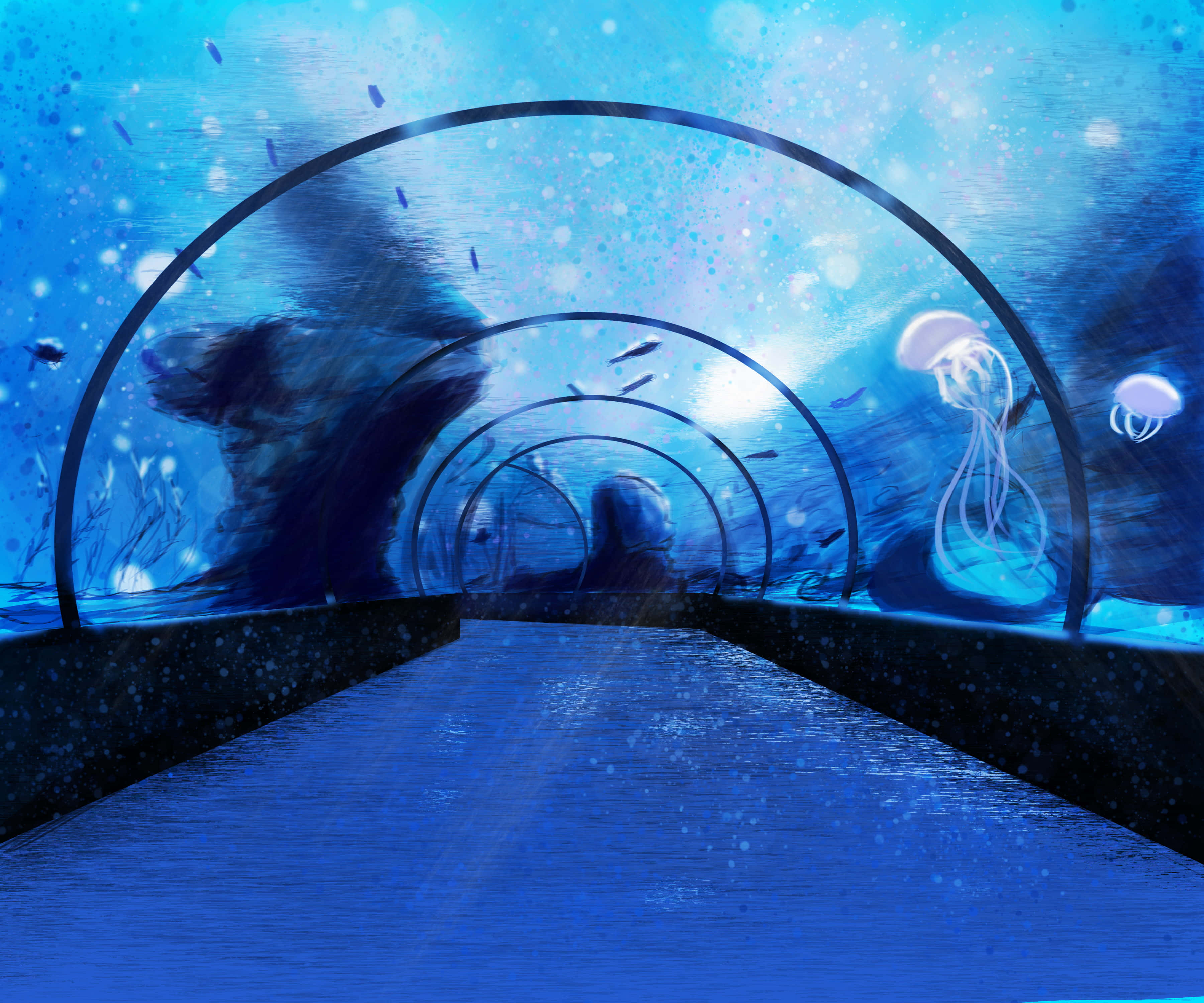水族箱 桌布 壁紙 — 一個人走過一個發光的藍色水下隧道，周圍環繞著水母和魚。