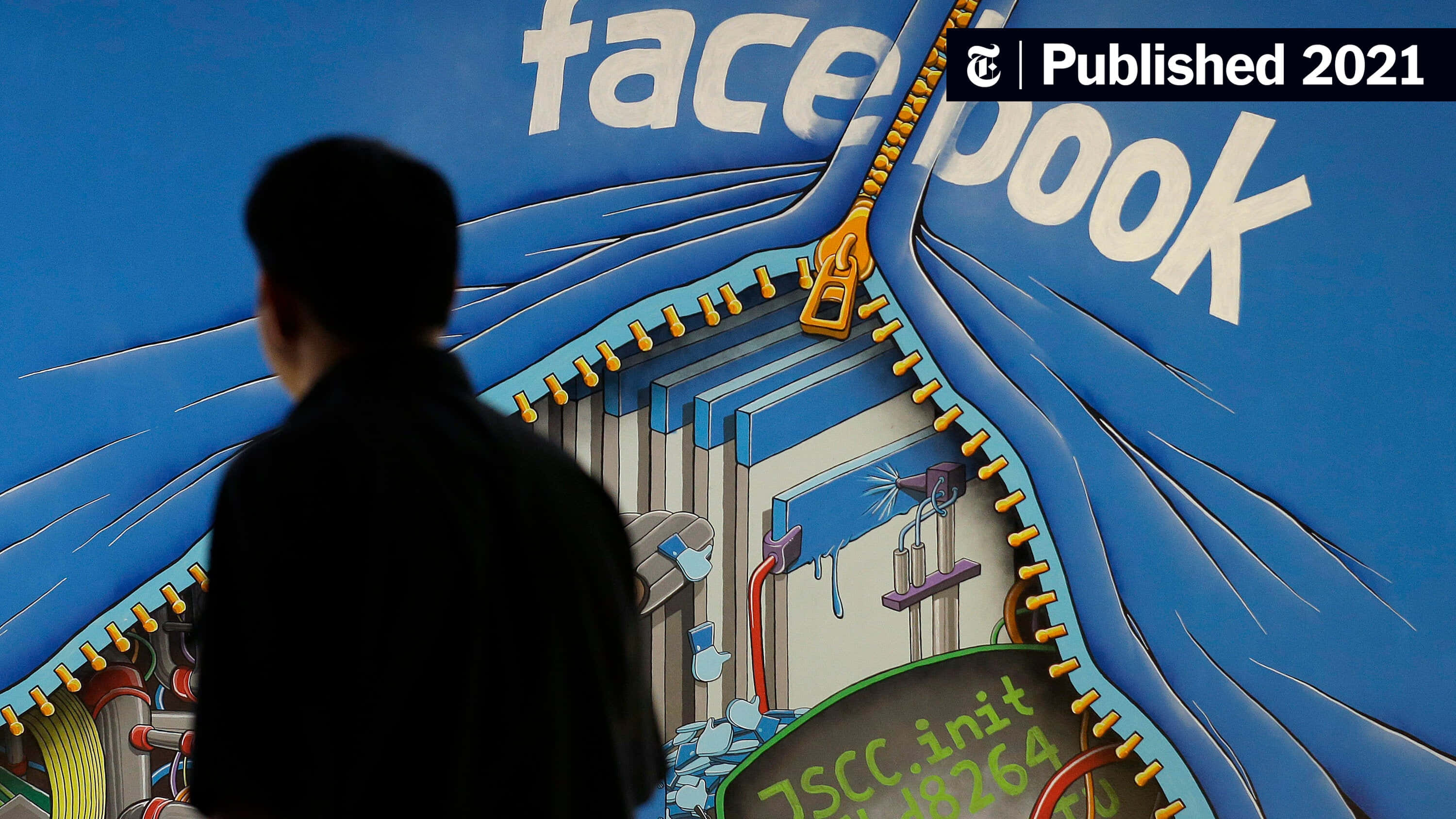 Facebook 桌布 壁紙 — 一個人走過一幅大型壁畫，描繪Facebook標誌拉開拉鍊，露出混亂的伺服器機房機械。