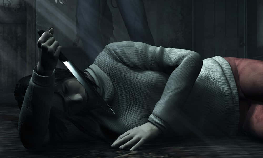 Silent Hill Characters 桌布 壁紙 — 一個人躺在骯髒的地板上一動不動，在昏暗的陰影房間裡拿著刀架在自己的喉嚨。