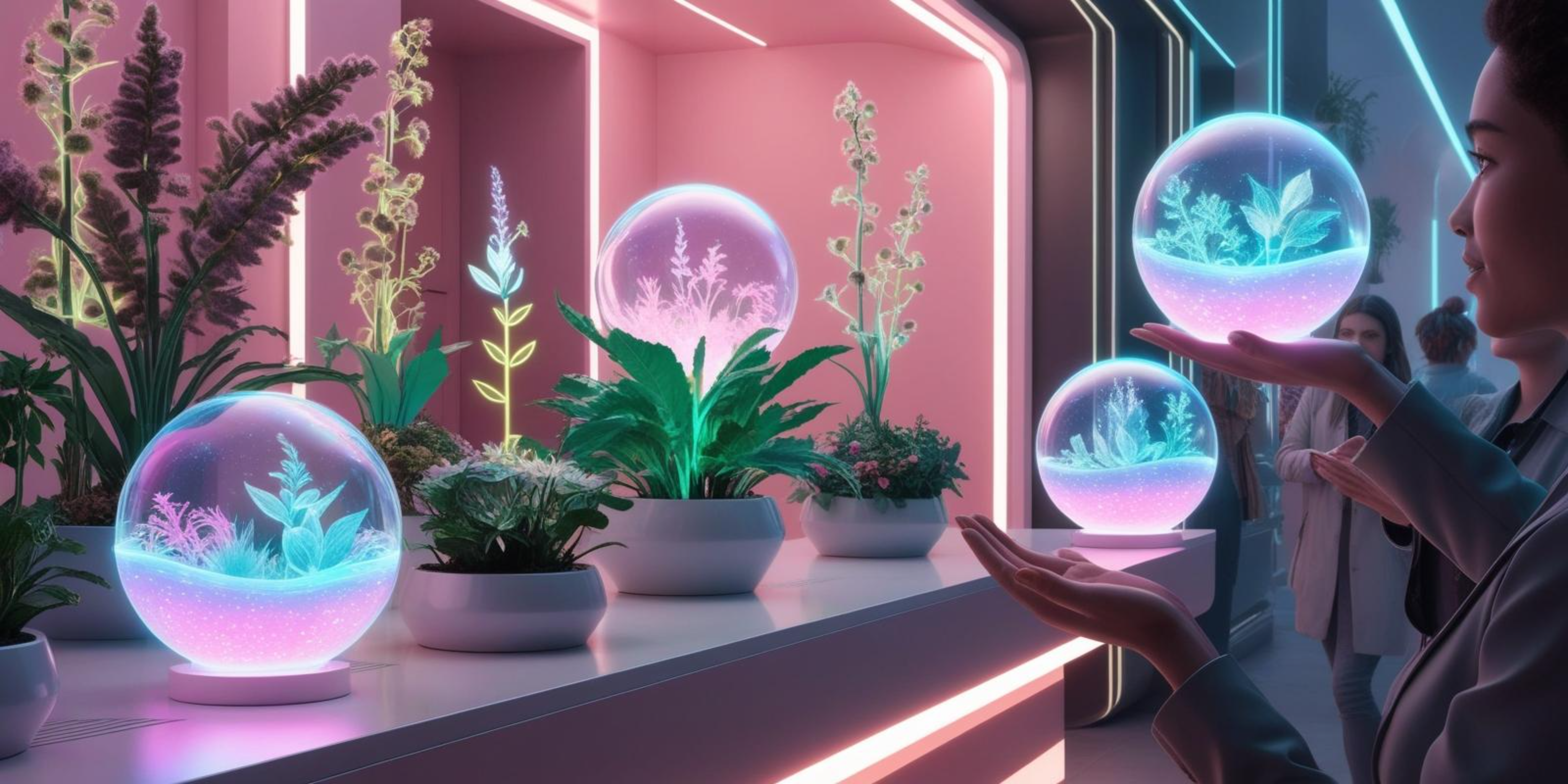 Home Interior 桌布 壁紙 — 一個人輕輕地握住發光的球體，裡面有微型的發光植物，而其他盆栽植物和霓虹燈照亮了一個未來感的粉紅色房間。
