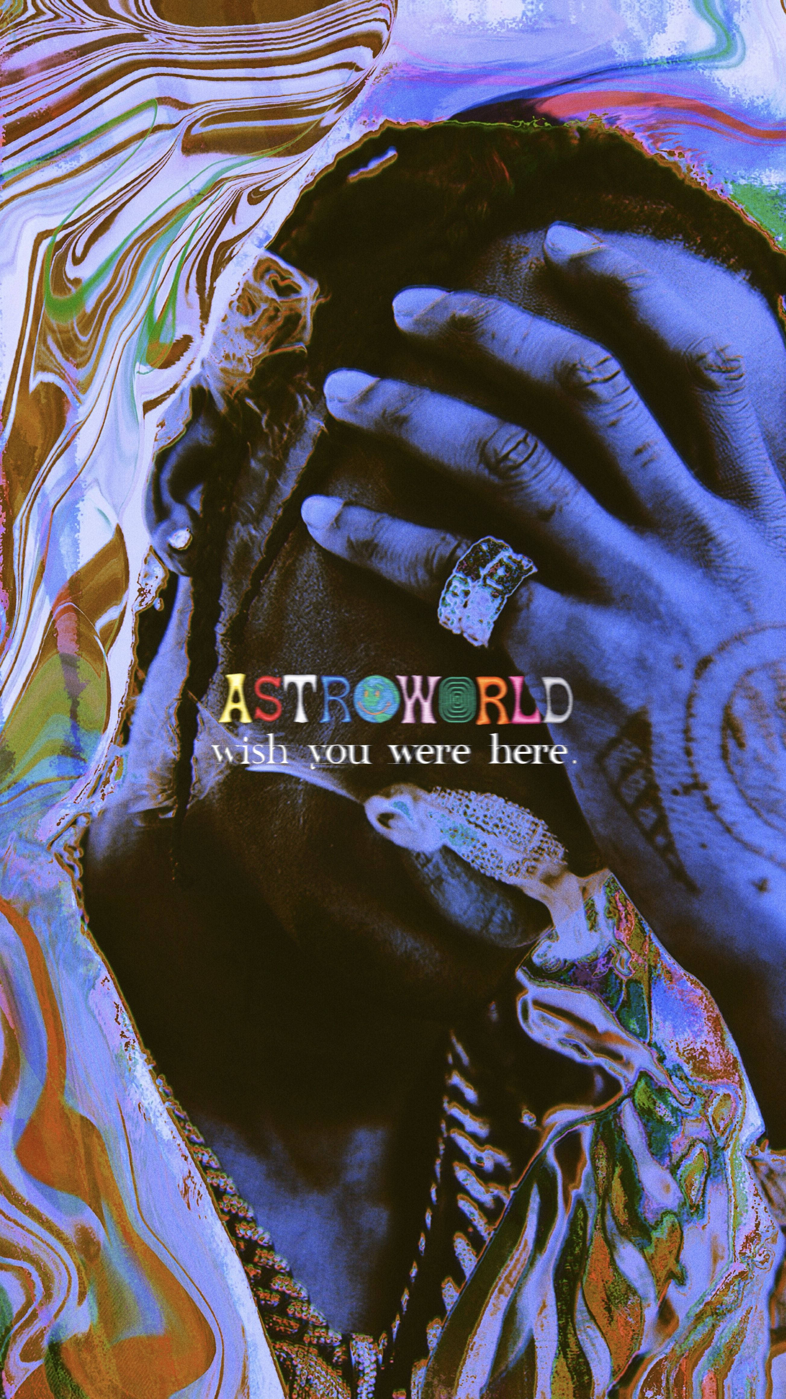 Travis Scott Astroworld 桌布 壁紙 — 一個人雙手掩面，背景是旋轉的迷幻色彩和「ASTROWORLD」文字。