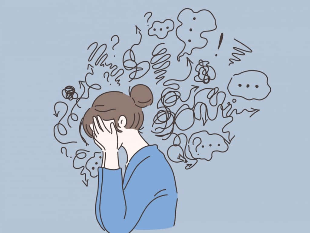 overwhelming 桌布 壁紙 — 一個人雙手掩面，被混亂的塗鴉、問號和對話氣泡包圍，背景是柔和的藍色。