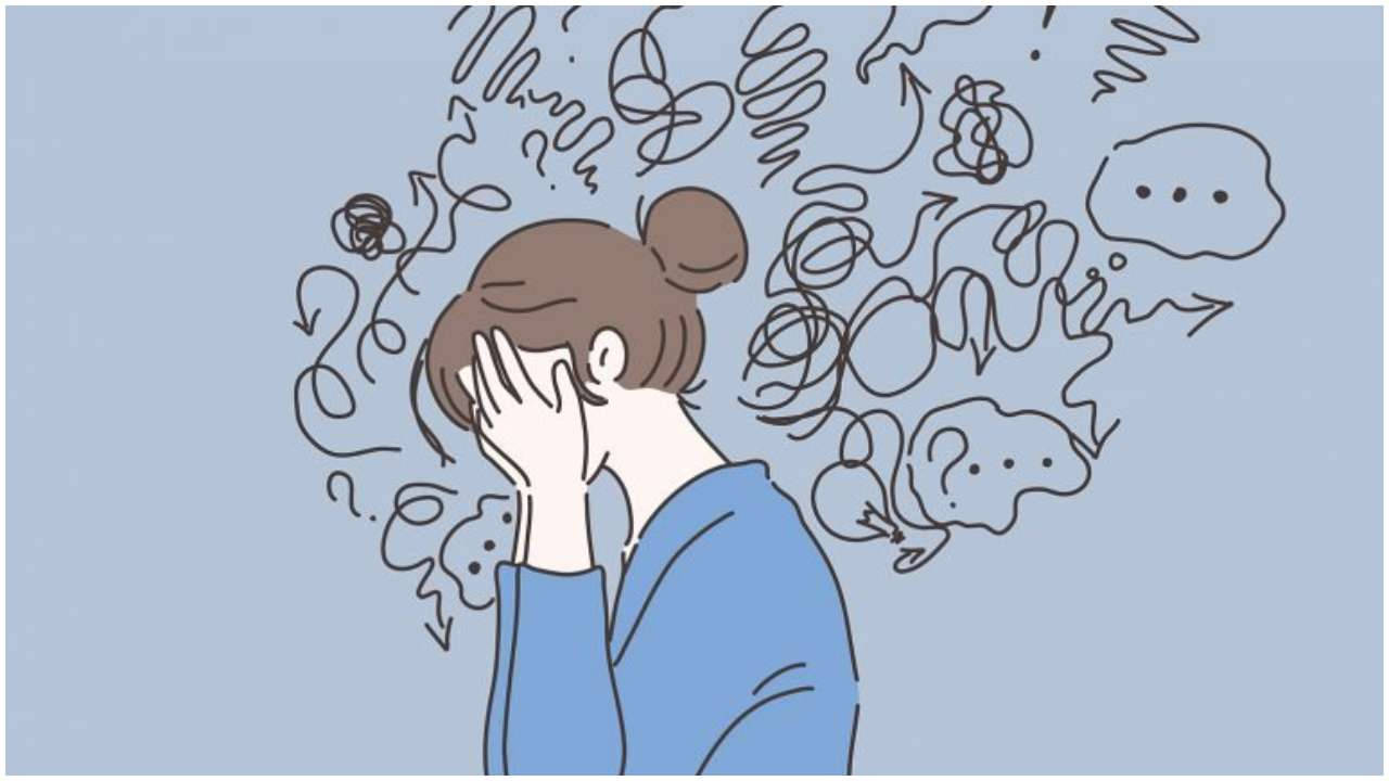 Sad Girl 桌布 壁紙 — 一個人雙手掩面，被混亂的思緒泡泡和問號包圍，以極簡線條藝術呈現。
