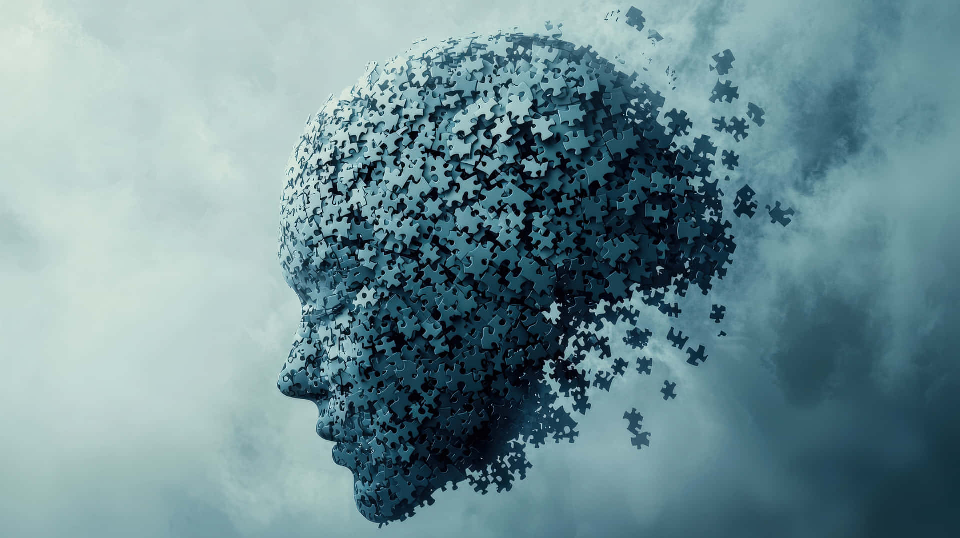 Human head made of puzzle pieces dissolving 壁紙 — 一個人頭側面在陰沉的灰色天空中分解成漂浮的拼圖碎片。