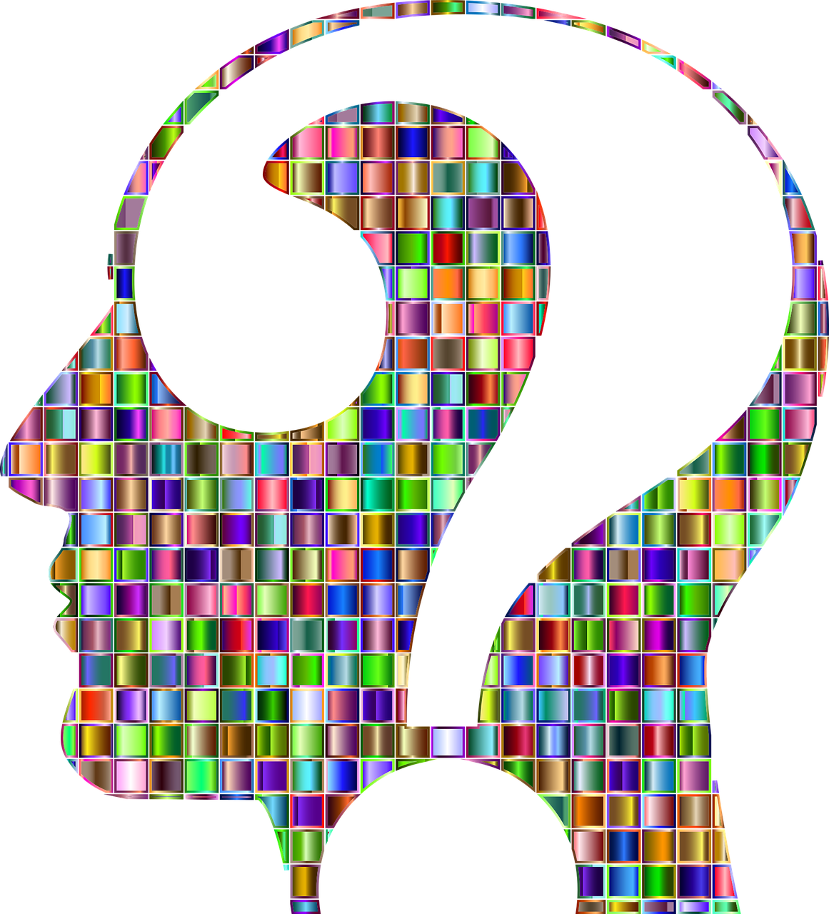 Questions 桌布 壁紙 — 一個人頭剪影，內部充滿彩色反光正方形，形成一個問號。