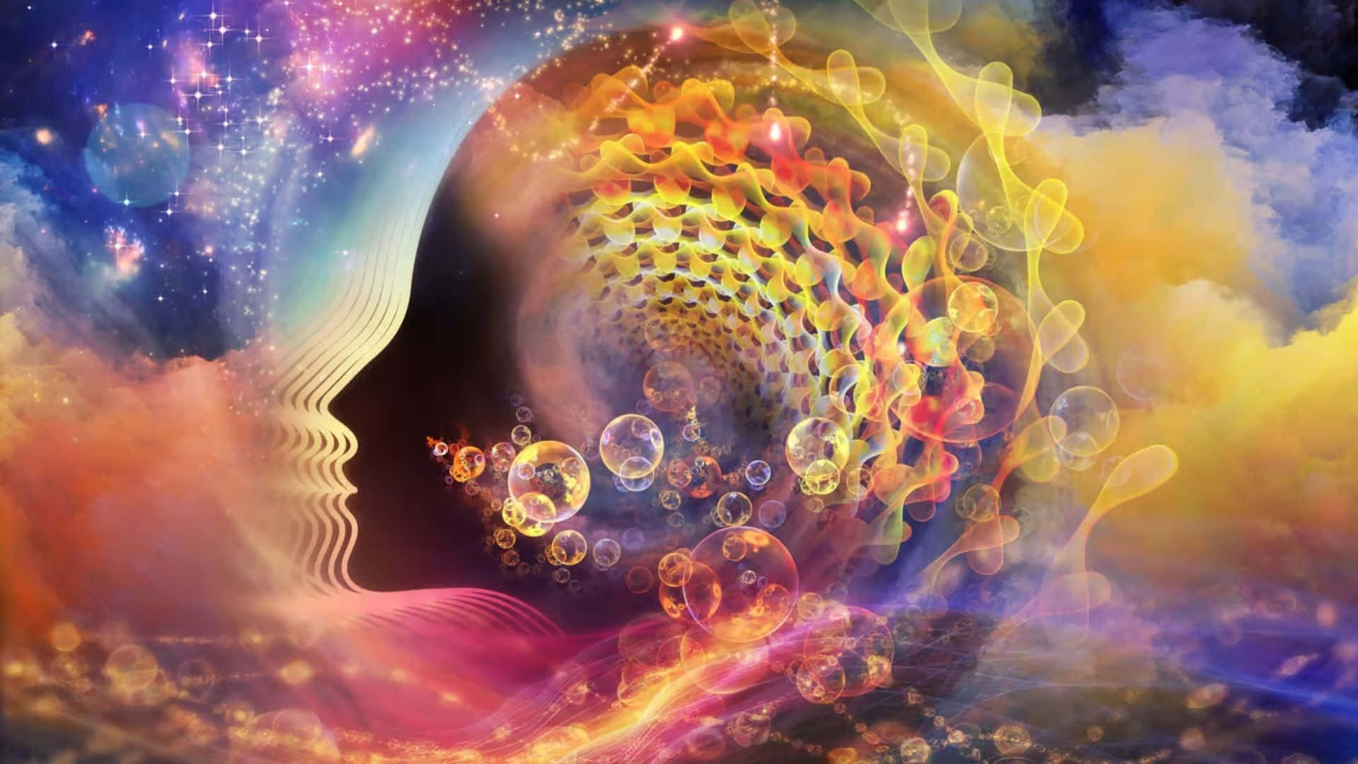 innovation 桌布 壁紙 — 一個人頭的宇宙剪影，內部顯現出一個發光的螺旋星系，周圍環繞著漂浮的氣泡和星光星雲。