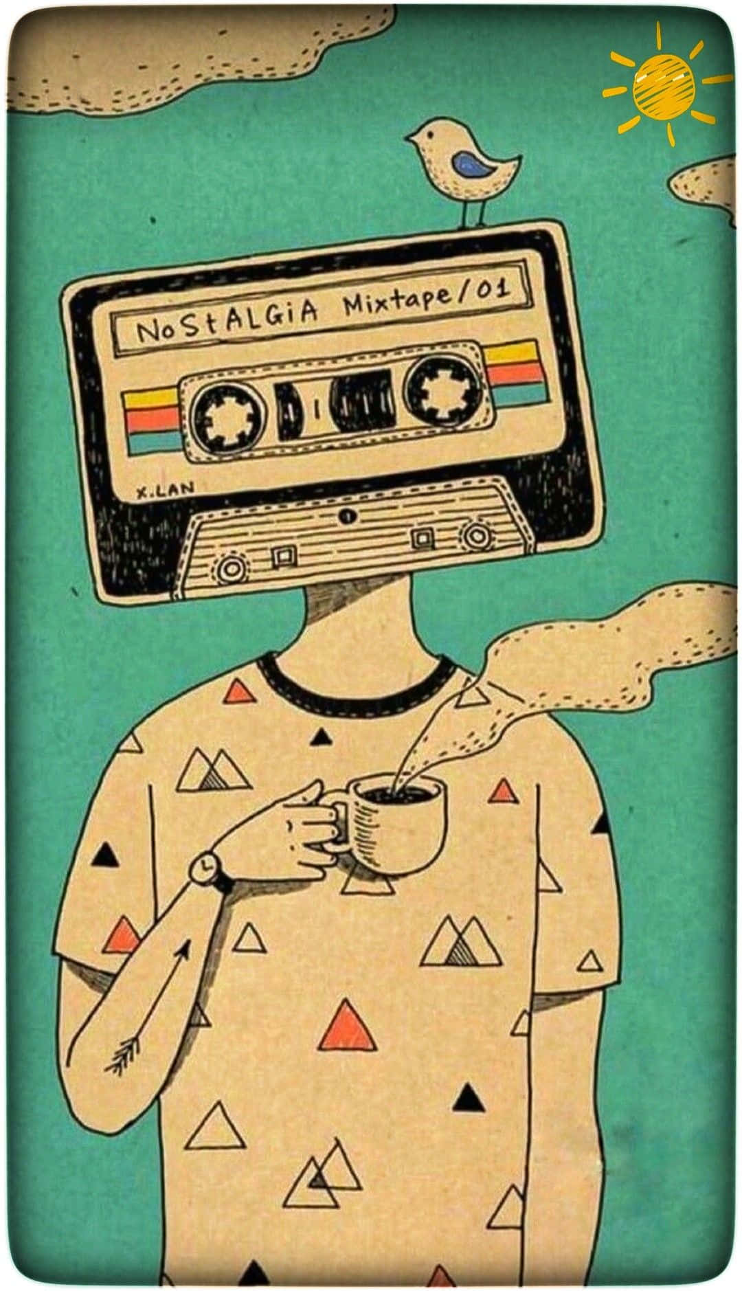 Mixtape 桌布 壁紙 — 一個人頭部為卡式錄音帶，標有「NOSTALGIA Mixtape/01」，在陽光普照的天空下喝咖啡，頂上有一隻鳥棲息。