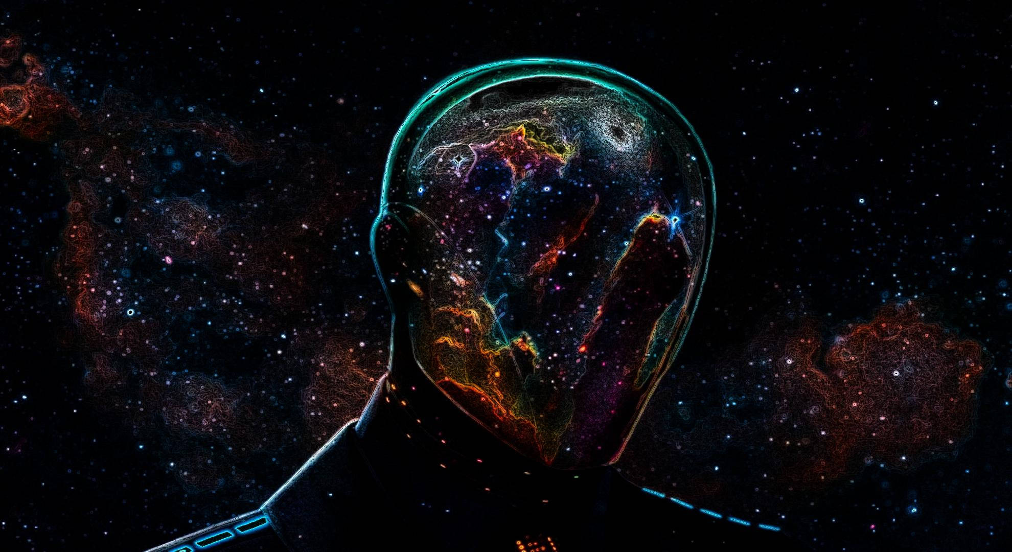 外星人 桌布 壁紙 — 一個人類頭部剪影，充滿了旋轉的宇宙星雲，背景是繁星點點的太空。