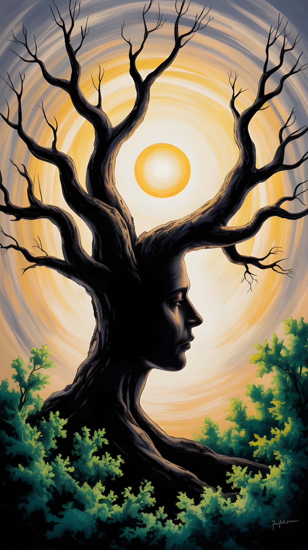 Old Tree Spirit Face Artistic Portrait Wallpaper 壁紙 — 一個人類頭部的剪影與一棵光禿禿的樹融合在一起，背景是旋轉的金色太陽，下方有綠色樹葉。