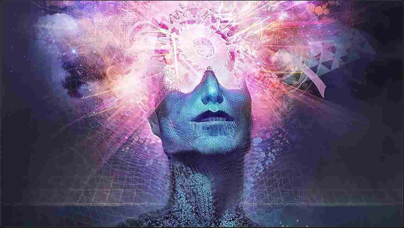 Third Eye 桌布 壁紙 — 一個人類頭部的數位藝術肖像，額頭爆發出發光的粉紅色和紫色能量圖案及抽象符號。