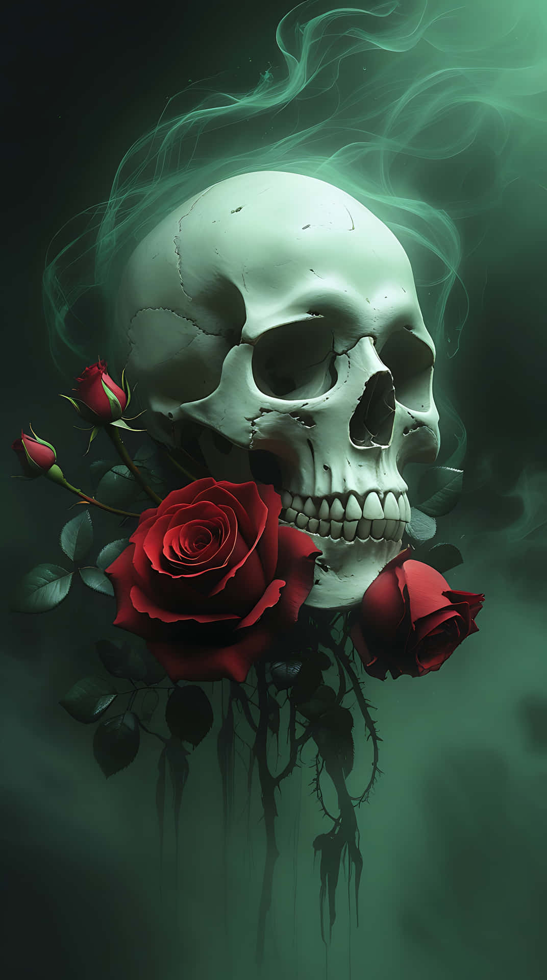 Haunting Skull and Rose in a Gothic Mist. smartphone wallpaper 壁紙 — 一個人類頭骨，帶有紅玫瑰和帶刺的莖，從旋轉的綠色煙霧中浮現，背景為深色。