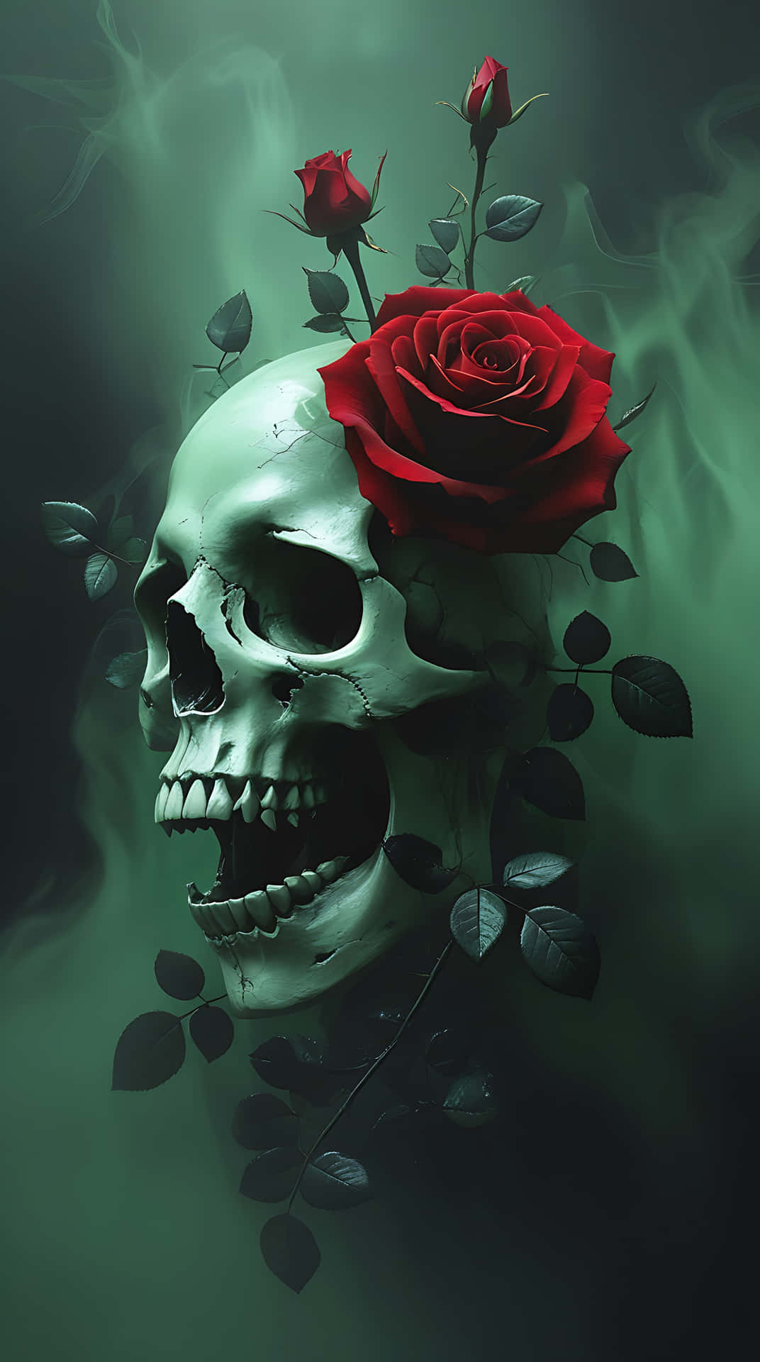 Haunting Skull and Rose in a Gothic Mist. smartphone wallpaper 壁紙 — 一個人類頭骨，額頭上盛開著一朵鮮紅的玫瑰，背景是煙霧繚繞的綠色。