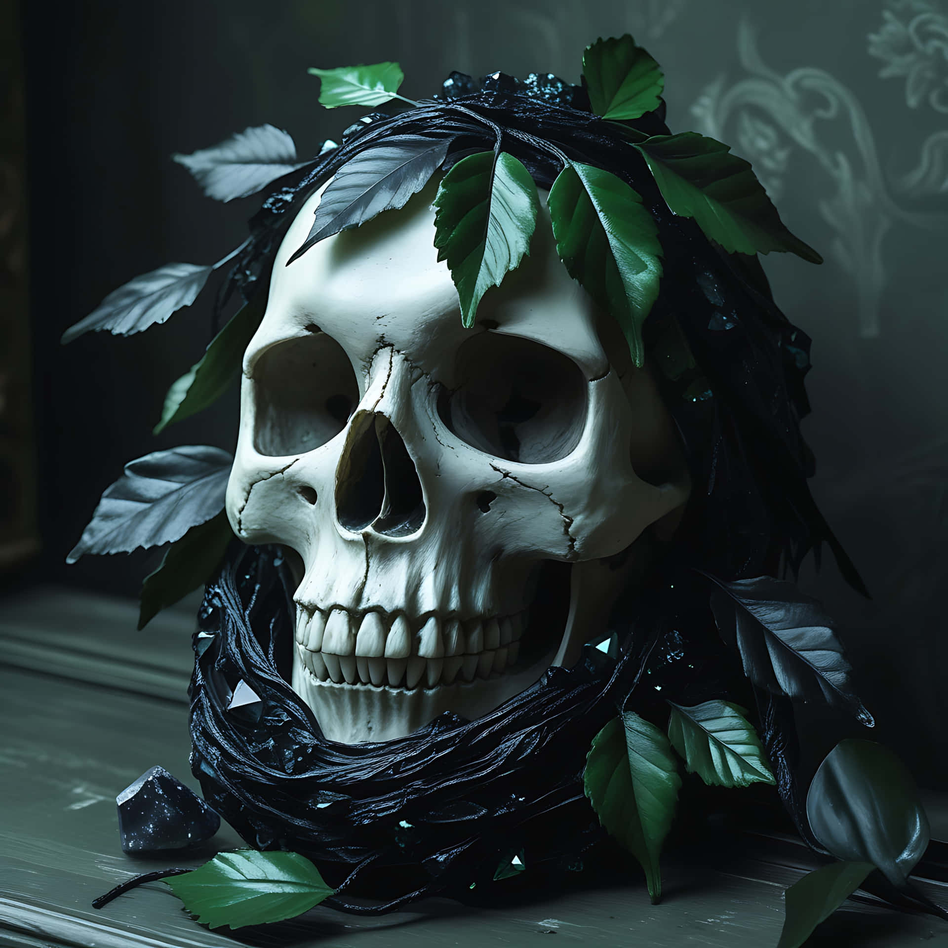 Haunting Skull Wrapped in Shadowy Leaves. skull wallpaper 壁紙 — 一個人類頭骨，飾有深綠色葉子和黑色藤蔓，放置在木質表面上，背景是陰暗的華麗牆壁。