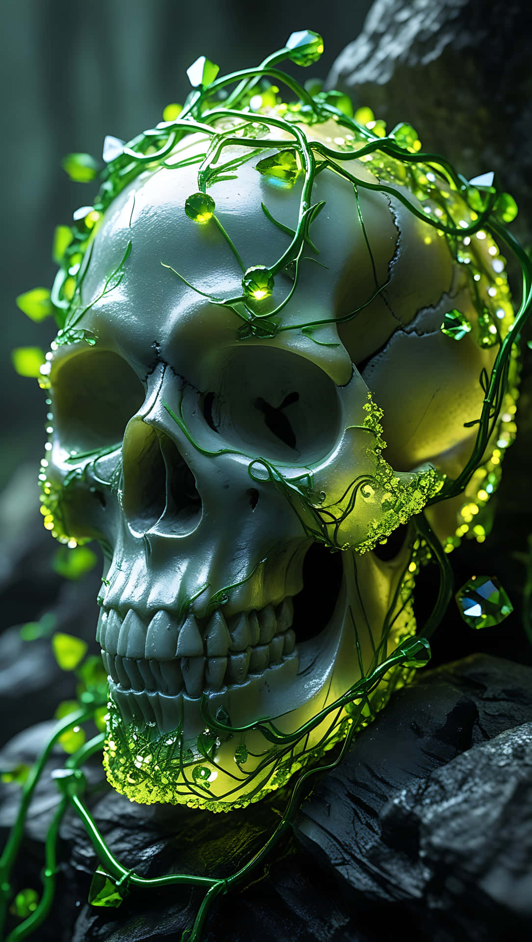 Crystal Skull with Glowing Green Vines. smartphone wallpaper 壁紙 — 一個人類頭骨，飾有發光的綠色藤蔓和水晶，安放在神秘森林環境中的暗色岩石上。