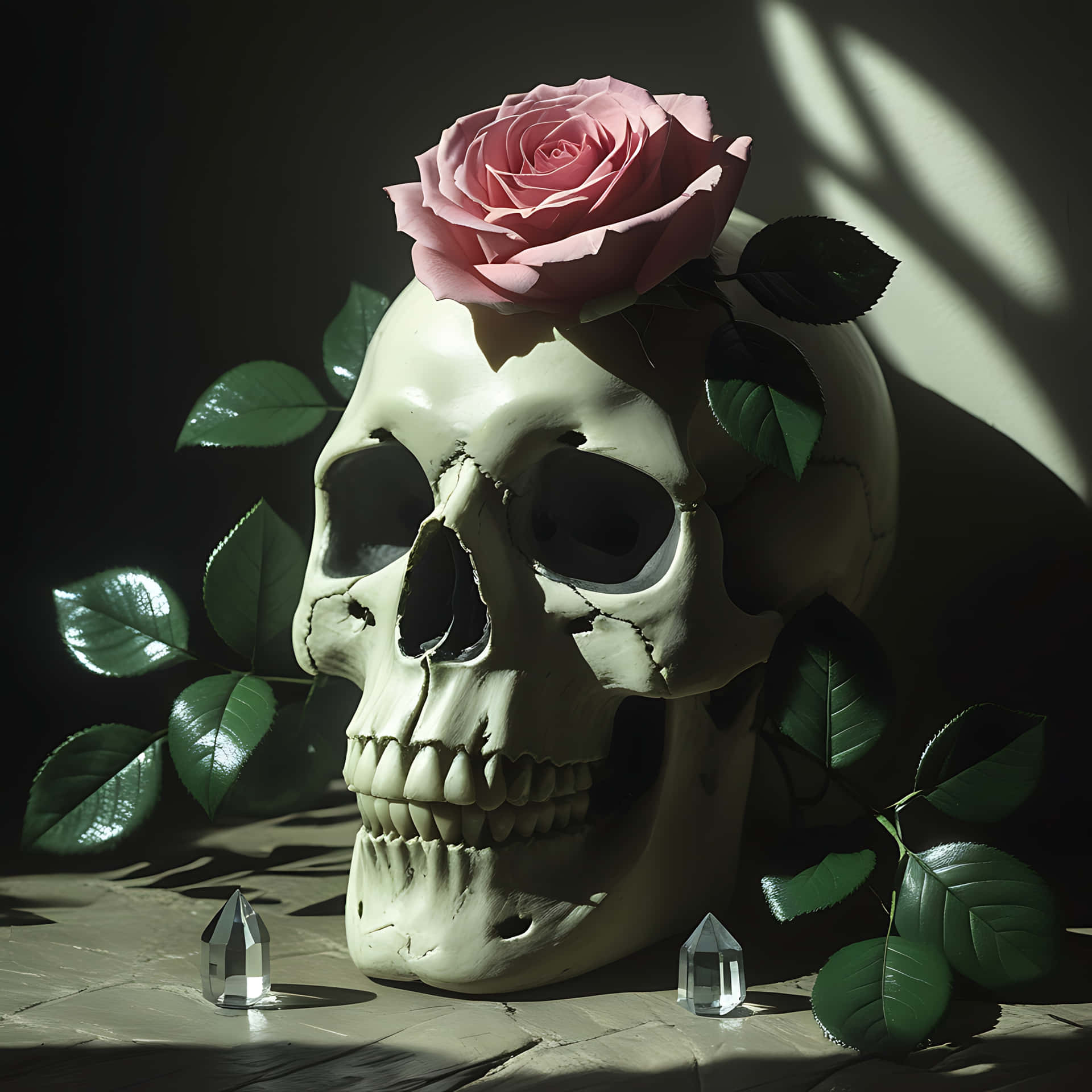 Rose-Kissed Skull in Moonlit Shadows. lovely skull wallpaper 壁紙 — 一個人類頭骨，飾有粉紅玫瑰和綠葉，沐浴在戲劇性的陽光下，附近有水晶尖點。