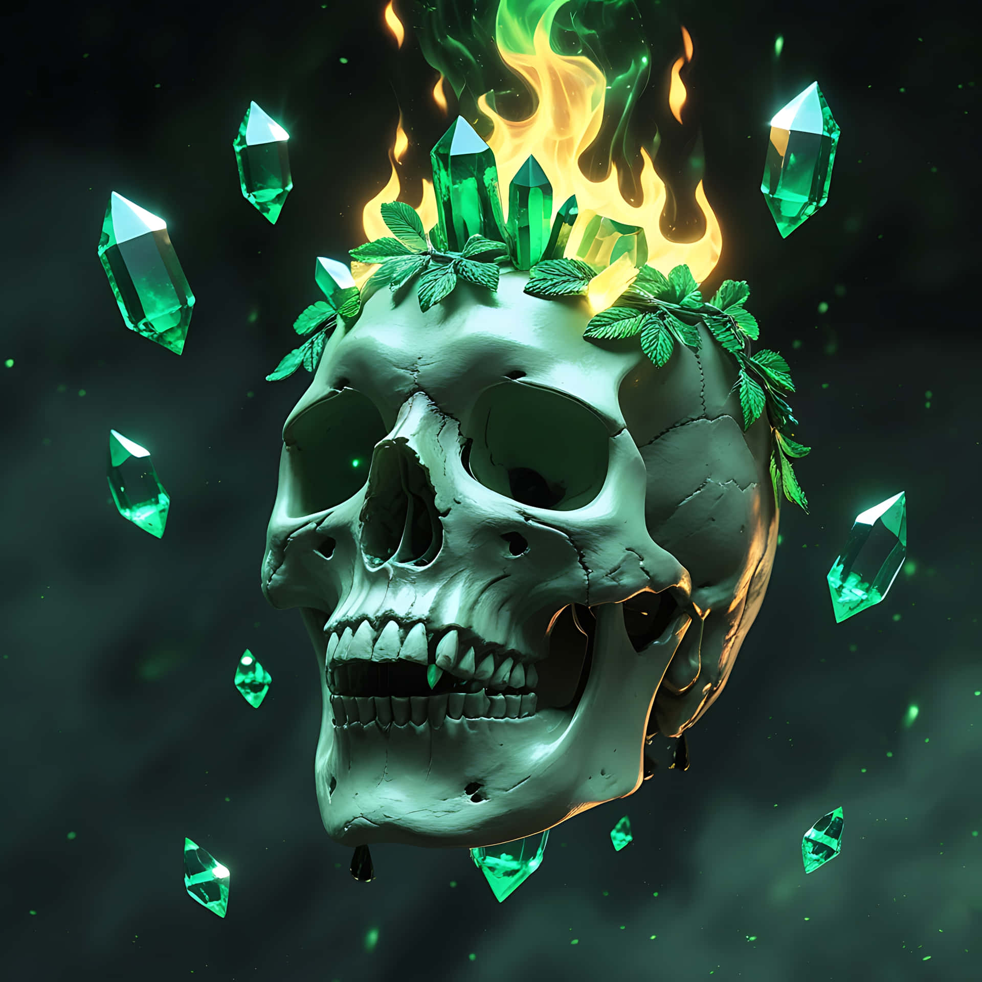 Mystic Skull with Emerald Flames and Floating Crystals 壁紙 — 一個人類頭骨，飾有綠色水晶和葉子，在黑暗的宇宙背景下被火焰加冕。