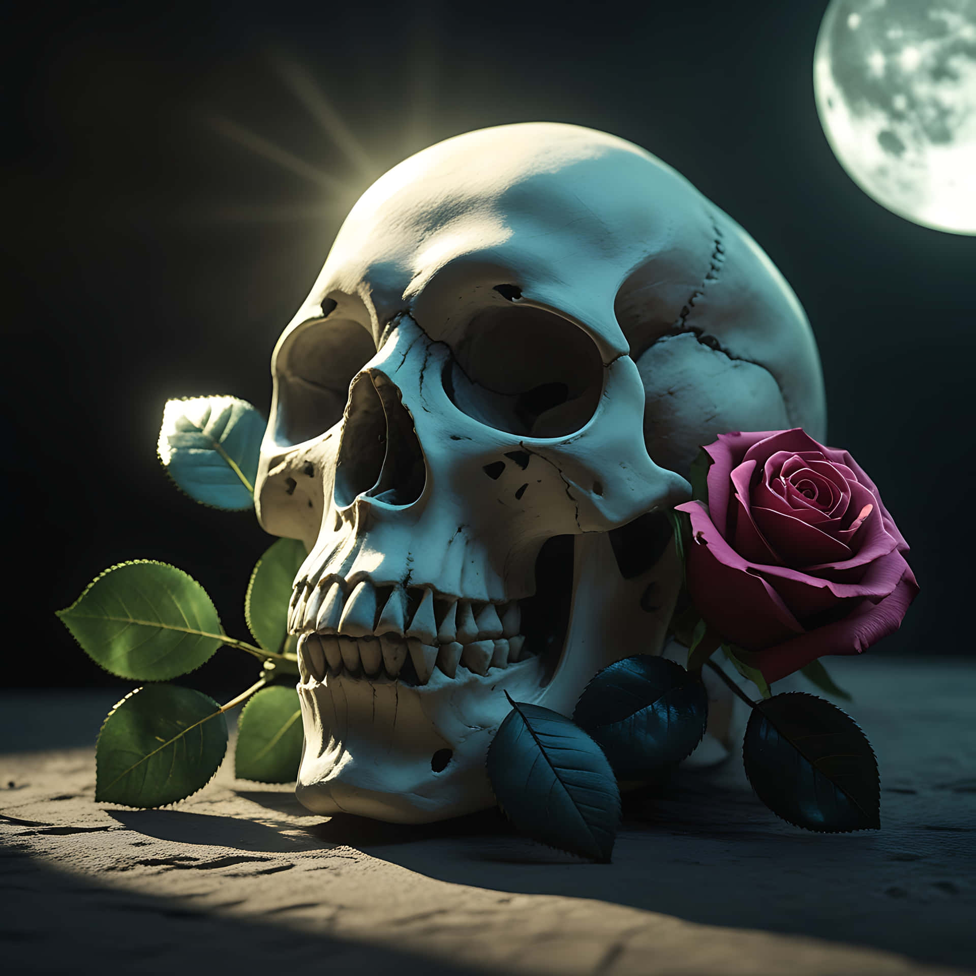 Rose-Kissed Skull in Moonlit Shadows. lovely skull wallpaper 壁紙 — 一個人類頭骨在戲劇性的背光下，躺在一朵深紫色玫瑰旁邊，上方是發光的滿月。